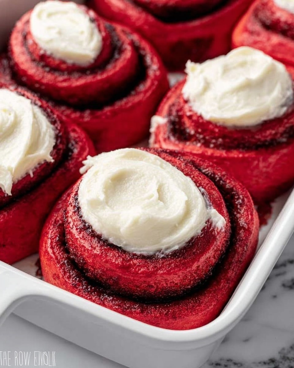The image shows several red rolls inside a white baking dish placed on a white marbled surface. Each roll is made of a bright red dough spiraled tightly around a dark filling, creating a swirl pattern. Some rolls have a thick, creamy white layer of frosting spread generously on top, contrasting with the red dough and dark filling. The texture of the dough looks soft and slightly shiny, while the frosting appears smooth and fluffy. Photo taken with an iphone --ar 4:5 --v 7