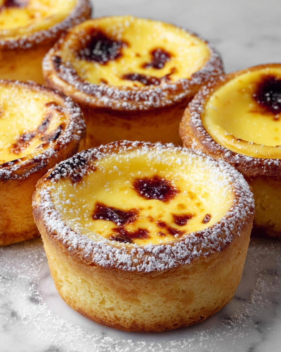 The image shows several small pastries with three main layers: a thick, golden-brown crust forming the base and sides, a smooth, creamy yellow filling, and darker caramelized spots on the top that add texture and color contrast. Each pastry is round and sturdy with a slightly crumbly crust, dusted lightly with white powdered sugar that gives a soft, snowy effect on the edges. The pastries sit closely together on a white marbled surface, enhancing their warm colors and making the creamy filling stand out. photo taken with an iphone --ar 4:5 --v 7