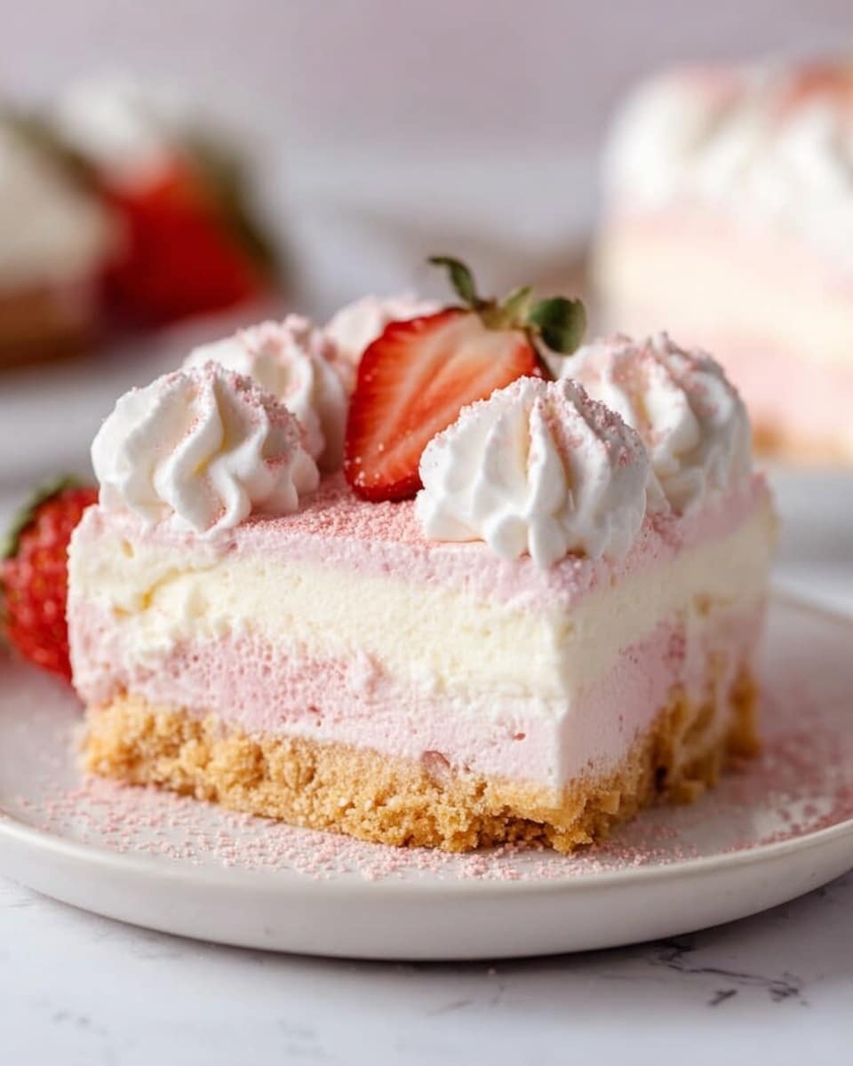 The image shows a square slice of layered dessert on a white plate with a white marbled background. The bottom layer is a crumbly golden brown crust, topped by a thick white creamy layer. Above that is a light pink fluffy layer with a smooth texture. The top layer features white piped cream dollops, lightly dusted with pink powder. A halved fresh strawberry with its green leaves sits on one side of the dessert. In the blurred background, there is another plate with a similar dessert slice. Photo taken with an iphone --ar 4:5 --v 7