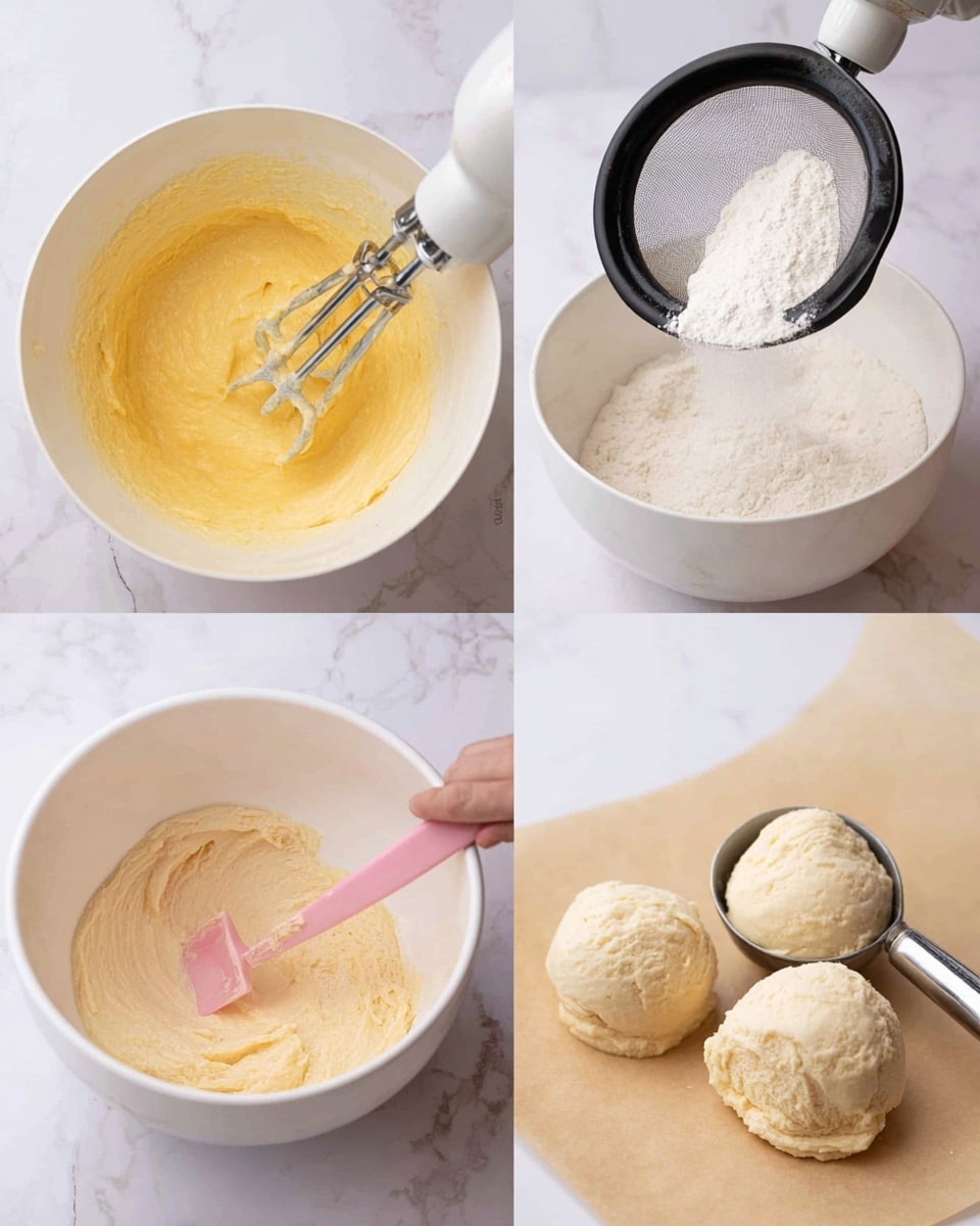 A collage of four images showing batter making stages on a white marbled background. Top left: a white bowl filled with smooth yellow batter being mixed by a hand mixer with two beaters. Top right: a white bowl catching white powder (probably flour) falling through a black-rimmed sieve. Bottom left: a white bowl containing thick, light beige batter being stirred by a pink spatula. Bottom right: two scoops of light beige batter placed on light brown parchment paper; a metal ice cream scoop is holding one scoop. Photo taken with an iphone --ar 4:5 --v 7