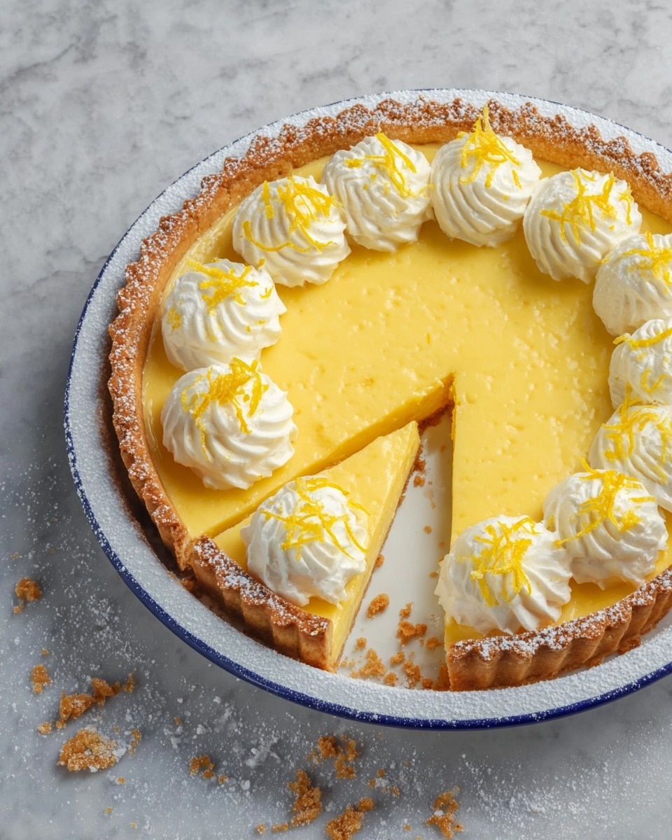 The image shows a lemon tart with a thick golden brown crust dusted with powdered sugar around its edges. Inside the crust, there is a smooth, bright yellow lemon filling that is glossy and even. On top of the filling, there are eight evenly spaced dollops of white whipped cream, each decorated with thin strands of yellow lemon zest. One slice has been removed, revealing the creamy, pale yellow texture of the filling underneath. The tart is in a white pie dish with a blue rim, placed on a white marbled surface with some crumbs scattered around. photo taken with an iphone --ar 4:5 --v 7