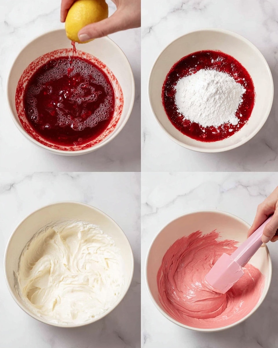 The image shows a four-step process of making a red sauce mix in a white bowl on a white marbled surface. The first layer shows a thick dark red liquid with small bubbles being squeezed with a lemon by a woman's hand from the top right. The second layer adds a pile of fine white powder on top of the red liquid in the center of the bowl. The third layer has a new bowl filled with thick white cream, into which the dark red liquid is being poured from above, creating a bright contrast. The fourth layer shows the mixture now turned into a smooth, creamy, lighter pink blend, stirred by a woman's hand holding a pink spatula on the right. Photo taken with an iphone --ar 4:5 --v 7