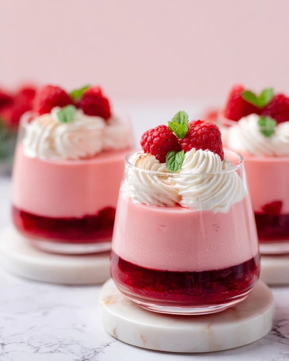 The image shows three clear glass cups filled with a dessert that has three distinct layers. The bottom layer is a dark red jelly-like substance, the middle layer is a thick, smooth pink mousse, and the top layer features white whipped cream swirls and fresh red raspberries, with small green mint leaves for decoration. The cups are placed on round white marble coasters on a white marbled surface. The background is a soft pink color, enhancing the pink tones of the dessert. photo taken with an iphone --ar 4:5 --v 7