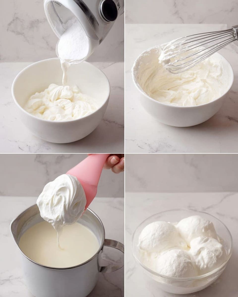 The image shows a four-step process of making a fluffy white dessert. In the first layer, a white bowl with egg whites and a mixer is visible with a woman's hand pouring sugar in. The second layer shows the thick, whipped white mixture in the same bowl held with a pink spatula. The third layer features a piping bag squeezing the whipped mixture into round balls on a ladle over a pot of milk. The last layer shows three soft, white puffy balls floating in creamy milk in a pot. The background and surface have a white marbled texture. Photo taken with an iphone --ar 4:5 --v 7