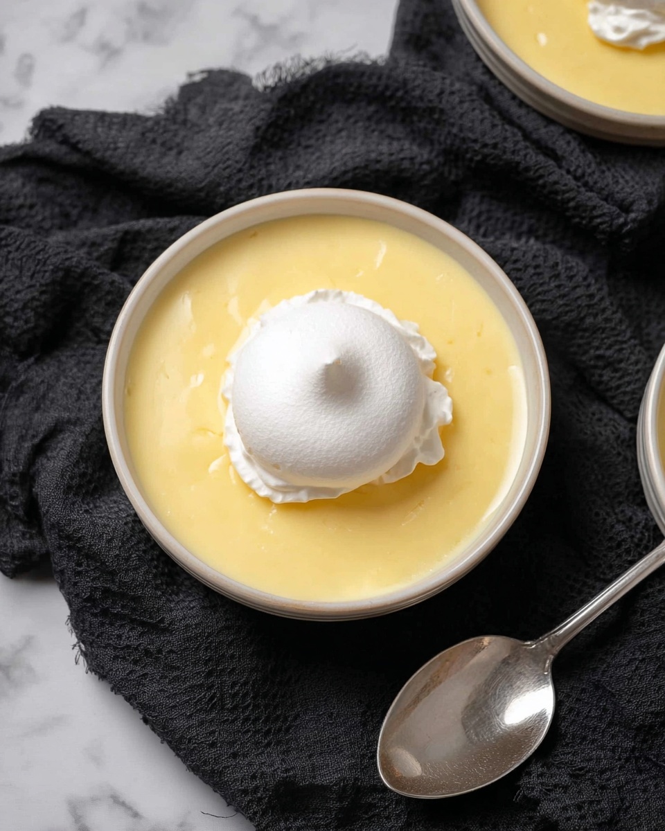 A white bowl filled with a smooth, creamy yellow custard base, topped in the center with a single round, fluffy white meringue. The bowl is set on a black textured cloth, with a shiny silver spoon resting next to it on the right. Part of another bowl with the same custard and meringue is visible in the top right corner, all placed on a white marbled surface. Photo taken with an iphone --ar 4:5 --v 7