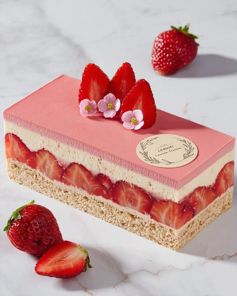 A rectangular layered cake with three clear layers sits on a white marbled surface. The bottom layer is a light brown, crunchy textured base. The middle layer is thick, creamy, and pale yellow, embedded with whole red strawberries standing vertically and visible around the sides. The top layer is smooth and bright pink, decorated with three strawberry halves arranged fan-like in the center, flanked by three small pink flower-shaped decorations. A round tan emblem with a wreath design and text sits slightly behind the strawberries on top. Two whole strawberries and a strawberry half rest beside the cake on the surface. Photo taken with an iphone --ar 4:5 --v 7