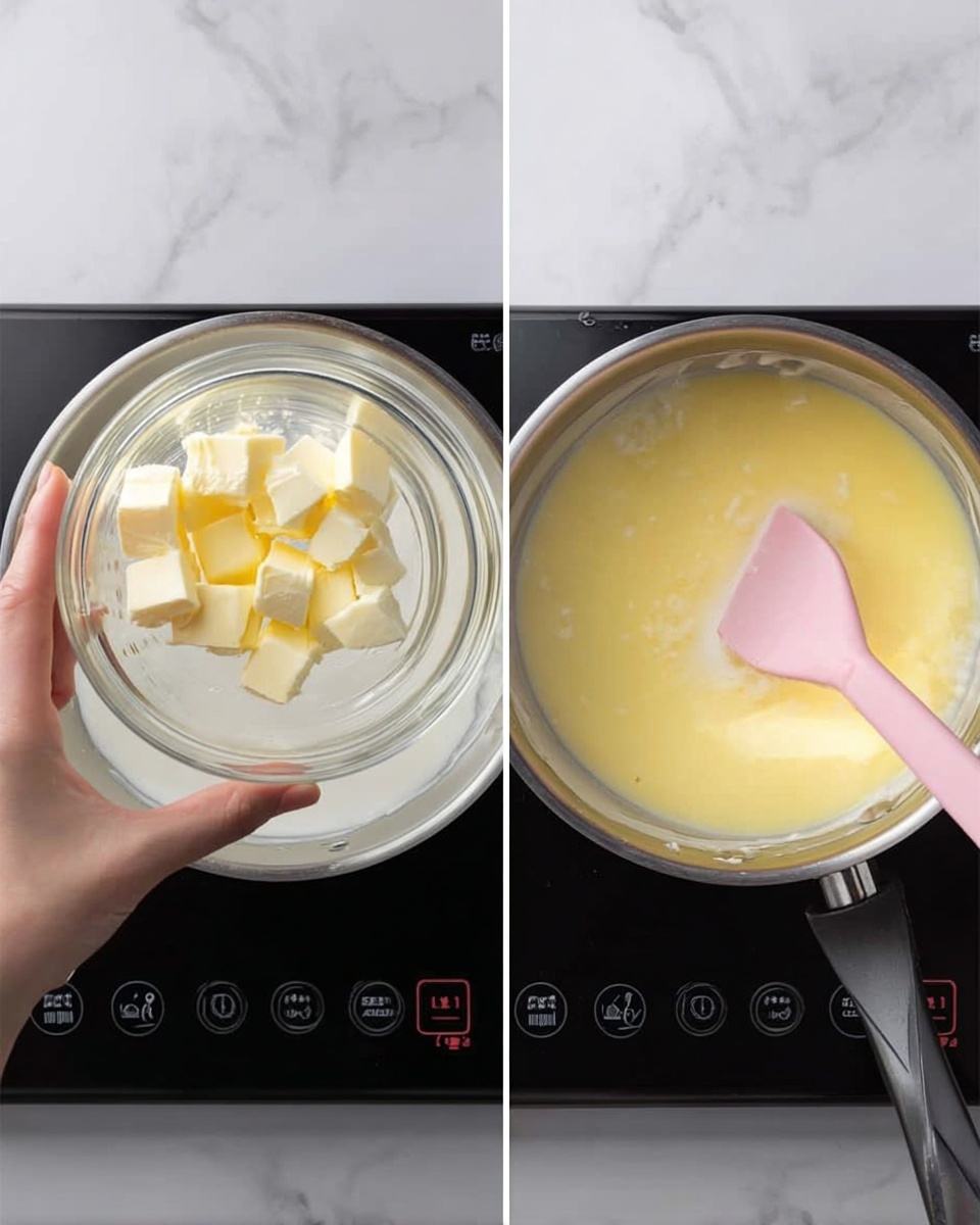 Two close-up photos side by side show a cooking pot on a black stove with a white marbled background. In the left photo, a woman's hand holds a clear glass bowl filled with small light yellow blocks of butter above a silver pot with white liquid inside. In the right photo, inside the pot, the butter is melting and mixed with the white liquid creating a smooth yellow mixture. A pink spatula is placed inside the pot, stirring the mixture gently. Photo taken with an iphone --ar 4:5 --v 7