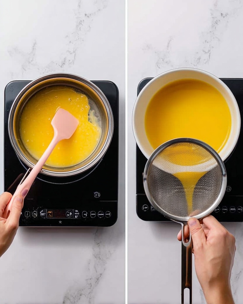 The image shows two scenes side by side on a white marbled surface. On the left, a metal bowl sits on a black induction cooktop with a digital display. Inside the bowl, a yellow liquid is being stirred by a pink spatula held by a woman's hand. On the right, a white bowl holds a black mesh strainer, into which a yellow liquid is being poured from a metal pot held by a woman's hand. The liquid is bright and smooth, contrasting with the white bowl and the black strainer. Photo taken with an iphone --ar 4:5 --v 7