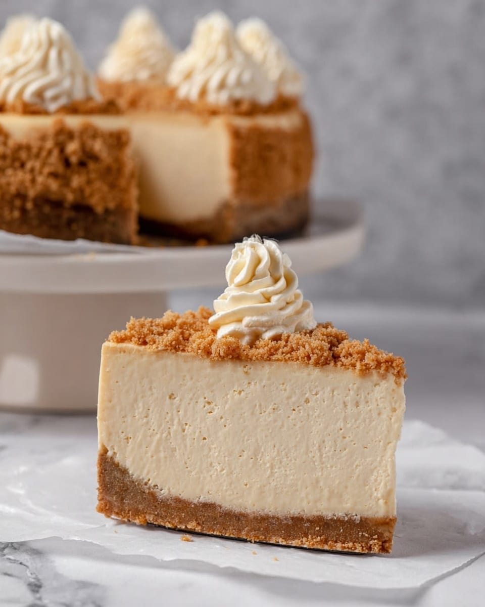 A tall slice of creamy cheesecake rests on white parchment, showing three clear layers: a thick, smooth light beige creamy layer in the middle, a thin, slightly darker crumbly crust layer at the bottom, and a loose crumb topping of golden brown on top. On the very top of the slice is a small dollop of white whipped cream. In the background, the whole cheesecake stands on a white cake stand with the same crumb topping and white whipped cream swirls along the edge. The scene is set on a white marbled surface with a grey blurred background. Photo taken with an iphone --ar 4:5 --v 7