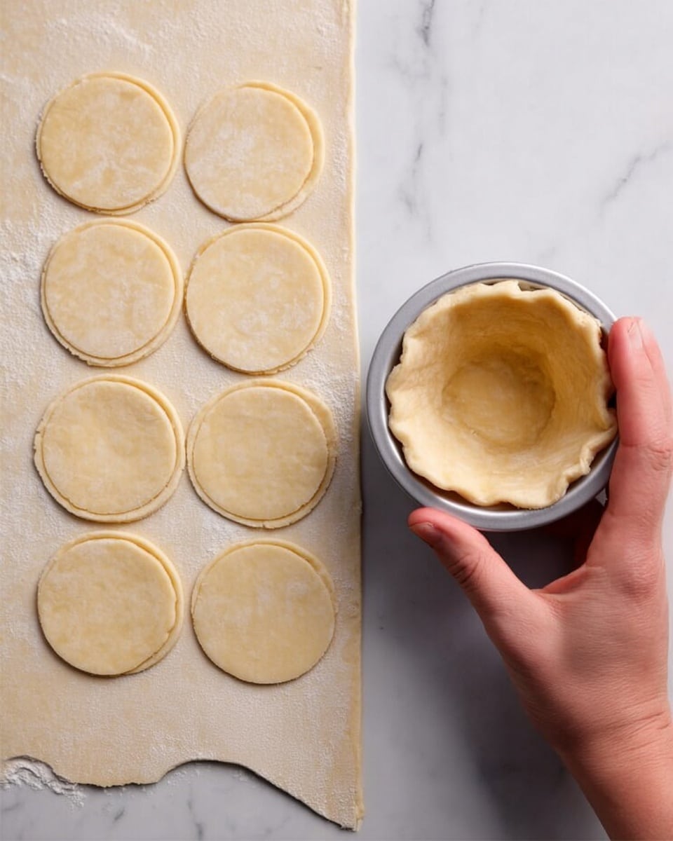 The left side shows a flat sheet of light beige dough rolled out on a white marbled surface with seven circle shapes lightly pressed into it, arranged in a scattered pattern. On the right side, a woman's hand gently presses one dough circle inside a white metal muffin pan cup, forming a small bowl shape with soft edges hanging slightly over the rim. The dough has a smooth, matte texture with a pale yellowish color. photo taken with an iphone --ar 4:5 --v 7