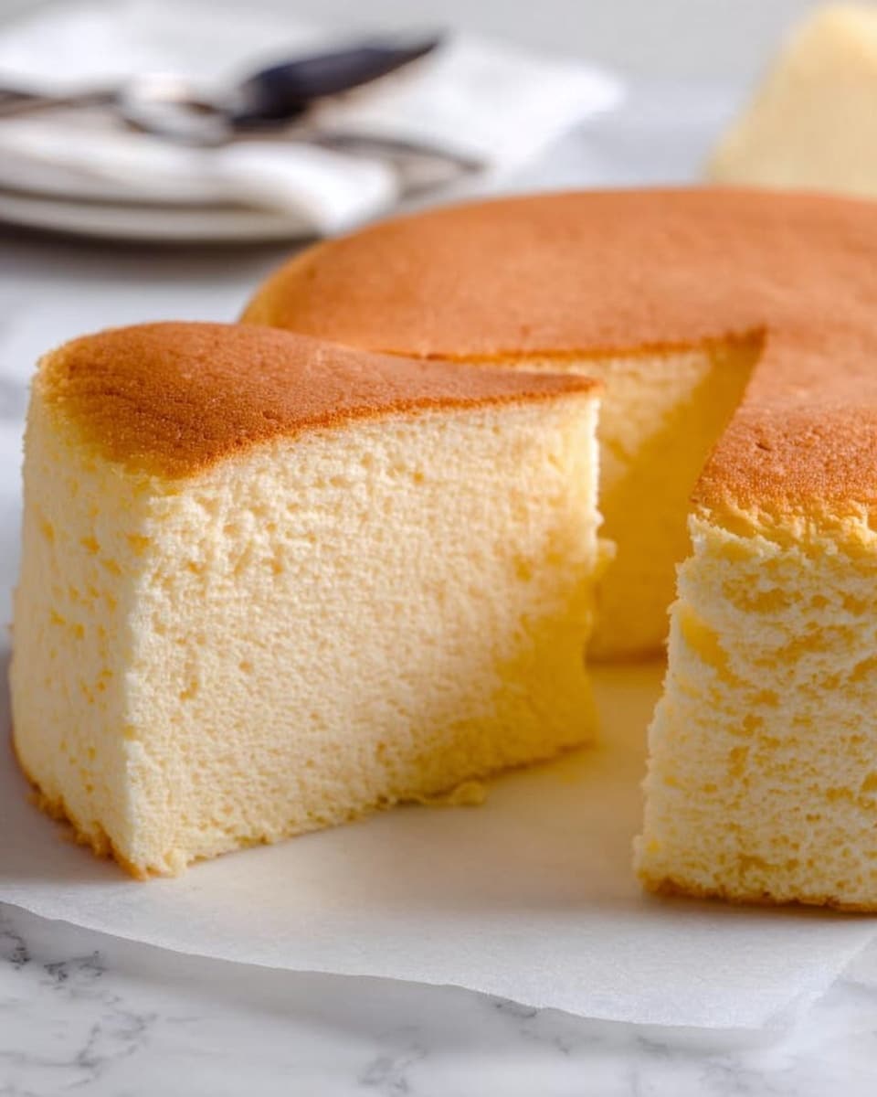 A soft, fluffy cake with a smooth, light brown top layer sits on a white marbled surface. The cake is pale yellow inside, showing one thick slice removed, revealing its airy and spongy texture in two layers – a slightly denser base and a lighter, more porous top. The sides are smooth and rounded, matching the soft, tender look of the interior. In the background, there is a blurred white napkin with a silver fork resting on it. Photo taken with an iphone --ar 4:5 --v 7