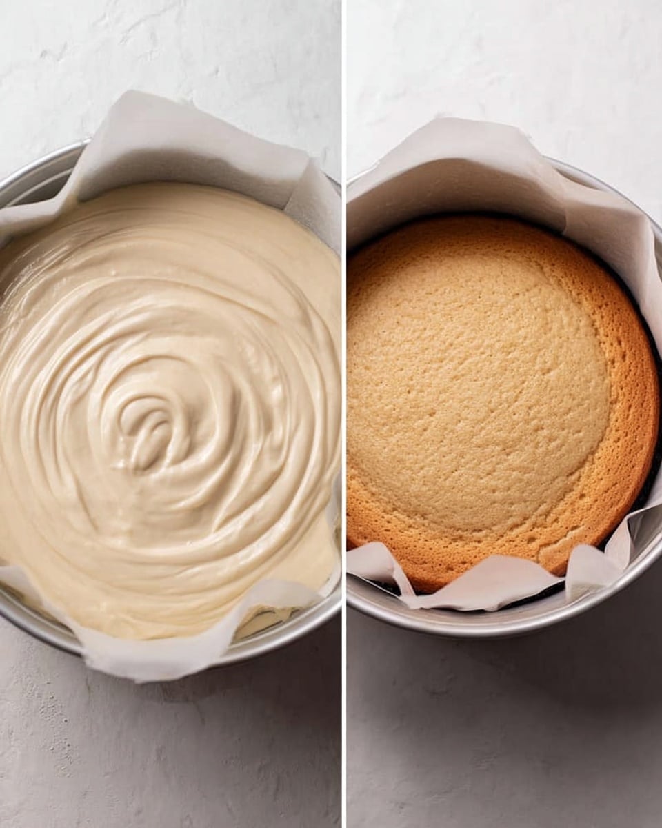 The image shows two side-by-side photos of a cake in a white round pan with parchment paper. The left photo has thick, smooth, pale batter being poured into the pan, creating soft swirls and a shiny surface. The right photo shows the same cake after baking, with a light brown top that has a slightly cracked and textured surface. Both pans rest on a white marbled surface with soft natural lighting. photo taken with an iphone --ar 4:5 --v 7