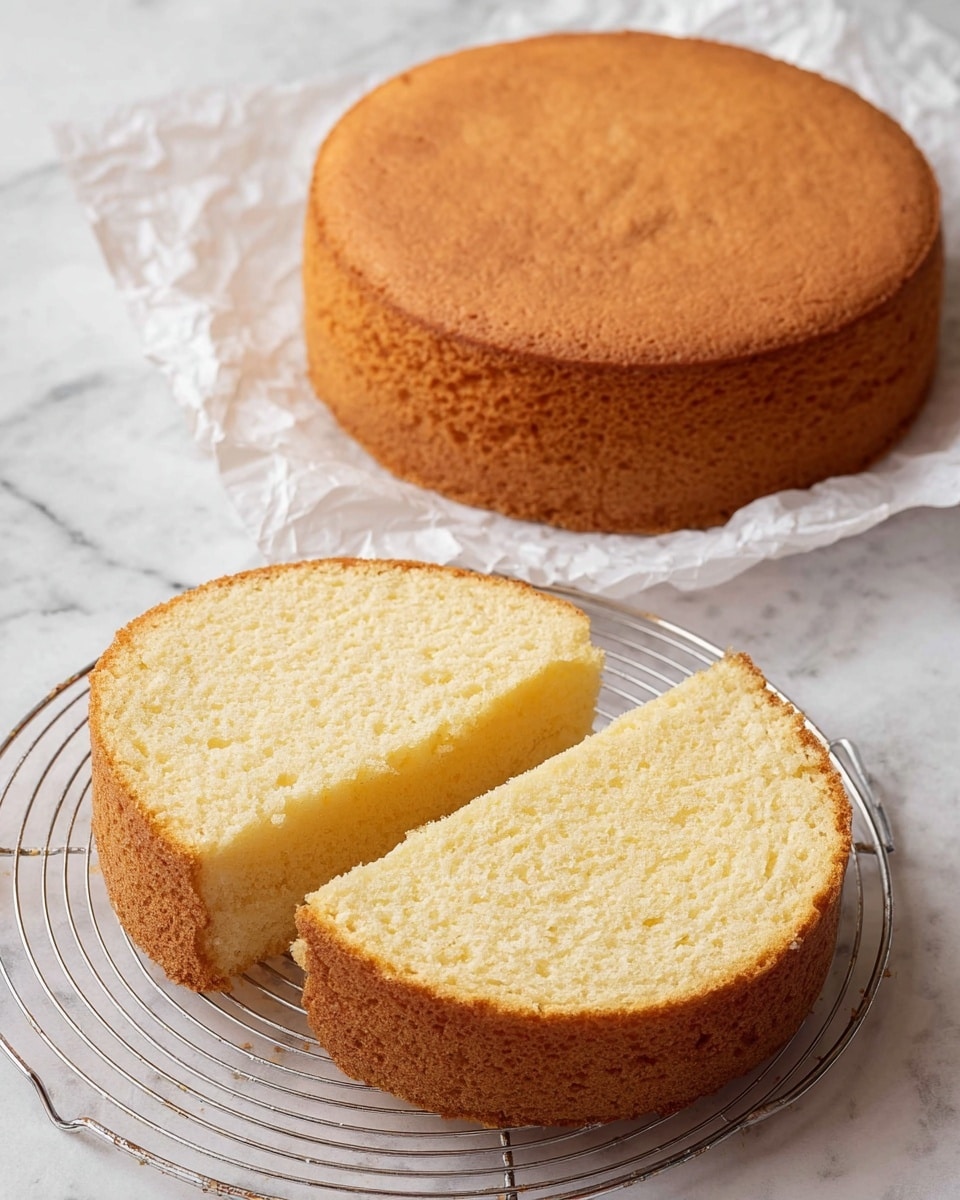 A round sponge cake is shown in two views: one whole cake with a light brown outer crust and smooth top, placed on white crumpled paper; and another cake on a white marbled surface, cut into two even layers laid side by side on a round cooling rack, revealing a pale yellow, soft, and fluffy inside texture with a slightly browned edge around each layer. photo taken with an iphone --ar 4:5 --v 7