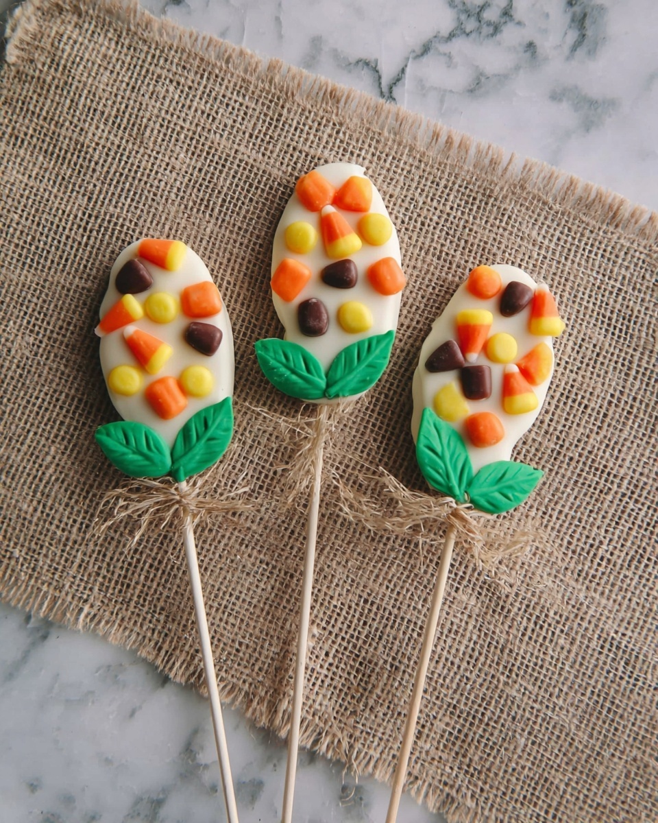 The image shows three candy corn-shaped treats on sticks, each with a base layer of white candy coating. Each candy has small candy pieces in orange, yellow, and brown colors arranged on top in a scattered pattern. Behind each candy, there are two green leaf shapes made of candy or fondant, placed diagonally on a white marbled textured surface. The sticks are thin and light in color, tied loosely with natural raffia string resting on a piece of burlap cloth. Photo taken with an iphone --ar 4:5 --v 7