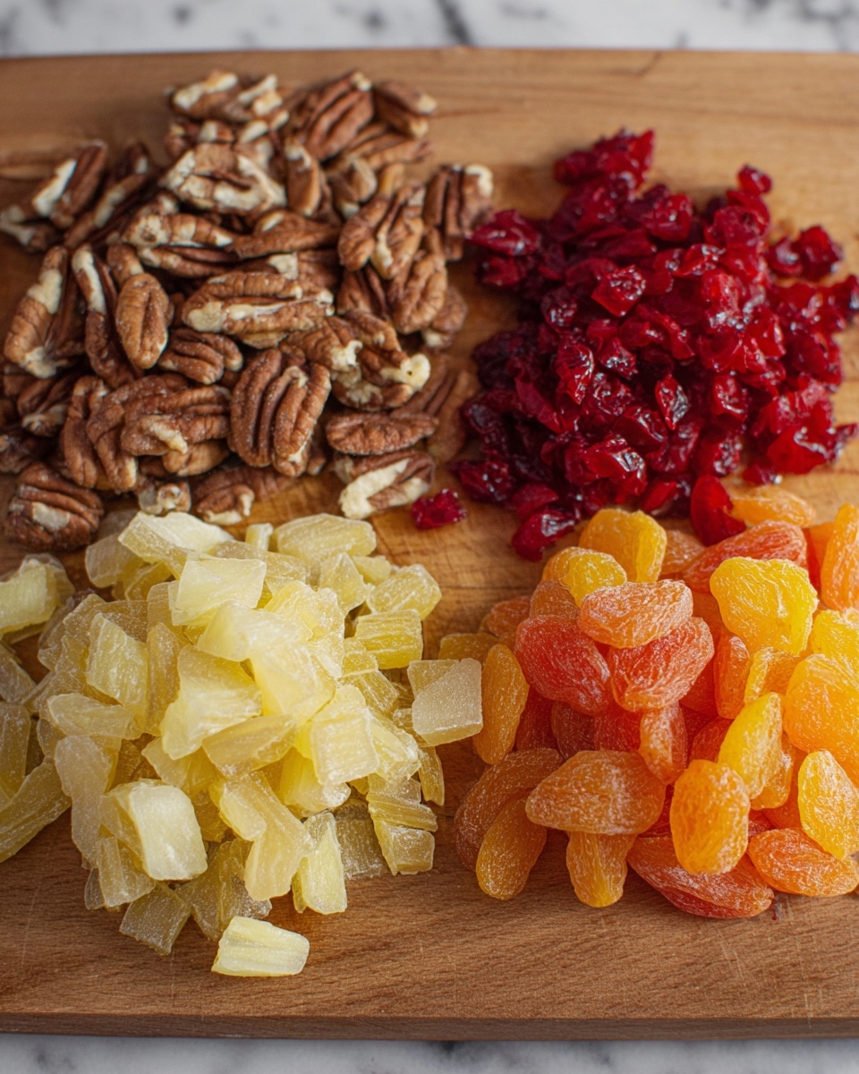 The image shows four piles of different dried fruits and nuts arranged on a wooden cutting board. On the left, there is a pile of shelled pecans with a brown, slightly wrinkled texture. Next to it, moving right, is a pile of bright red, glossy diced cherries. Below the cherries, there is a group of pale yellow, translucent chopped dried pineapple pieces, which have a slightly powdery surface. To the far right, there is a pile of bright orange dried apricot pieces, showing a slightly soft and wrinkled texture. The background is a white marbled surface photo taken with an iphone --ar 4:5 --v 7