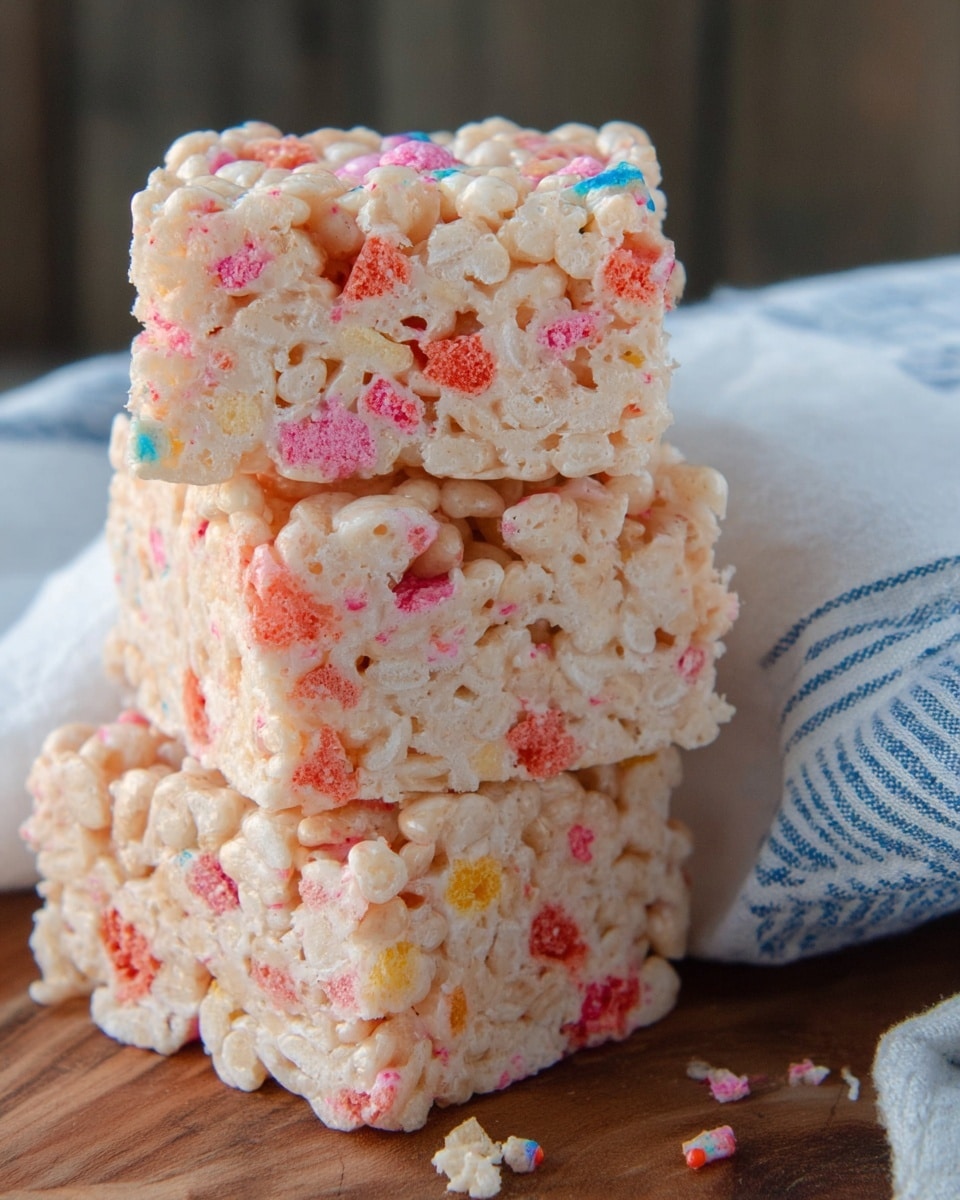 Three light beige rice crispy treats stacked unevenly on a wooden surface, each square bar filled with small red, orange, and pink pieces mixed into the cereal base. The texture looks soft and slightly sticky, with some small crumbs visible on the surface. A white cloth and a blue-striped cloth are partially visible on the right side, sitting on the wooden surface against a blurred background. Photo taken with an iphone --ar 4:5 --v 7