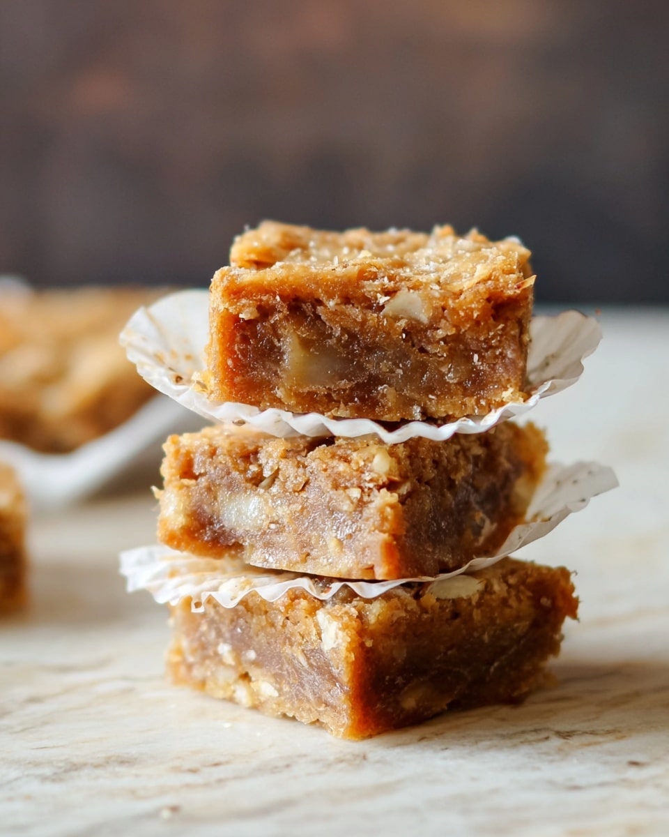 Three square bars are stacked on top of each other, each bar having a golden-brown crust with a slightly crumbly texture. The inside looks dense and moist with a mix of light brown and darker brown colors showing bits of nuts or fruit pieces. They are placed on a white paper cup liner, which rests on a white marbled surface. The background is softly blurred with dark tones, making the bars the main focus. photo taken with an iphone --ar 4:5 --v 7