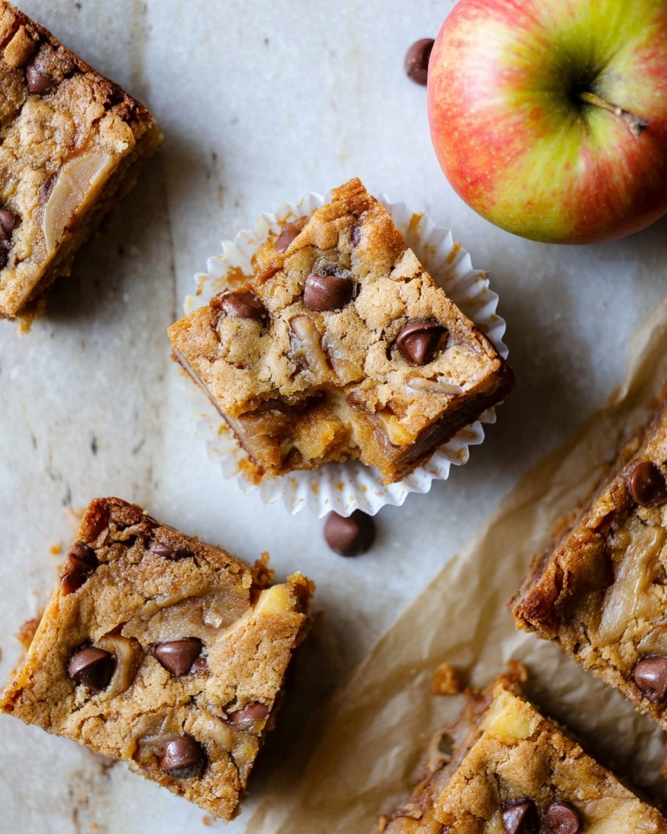 The image shows several rectangular pieces of a baked dessert with a golden-brown crust and chocolate chips on top, arranged on a white marbled surface. One piece is placed on a white cupcake liner near the center top, with a smaller piece resting on it. The cut pieces reveal a soft, slightly chewy texture inside with visible chocolate chips. A whole apple with a shiny red and yellow skin is on the upper right corner. The surface beneath the dessert is lined with parchment paper. photo taken with an iphone --ar 4:5 --v 7