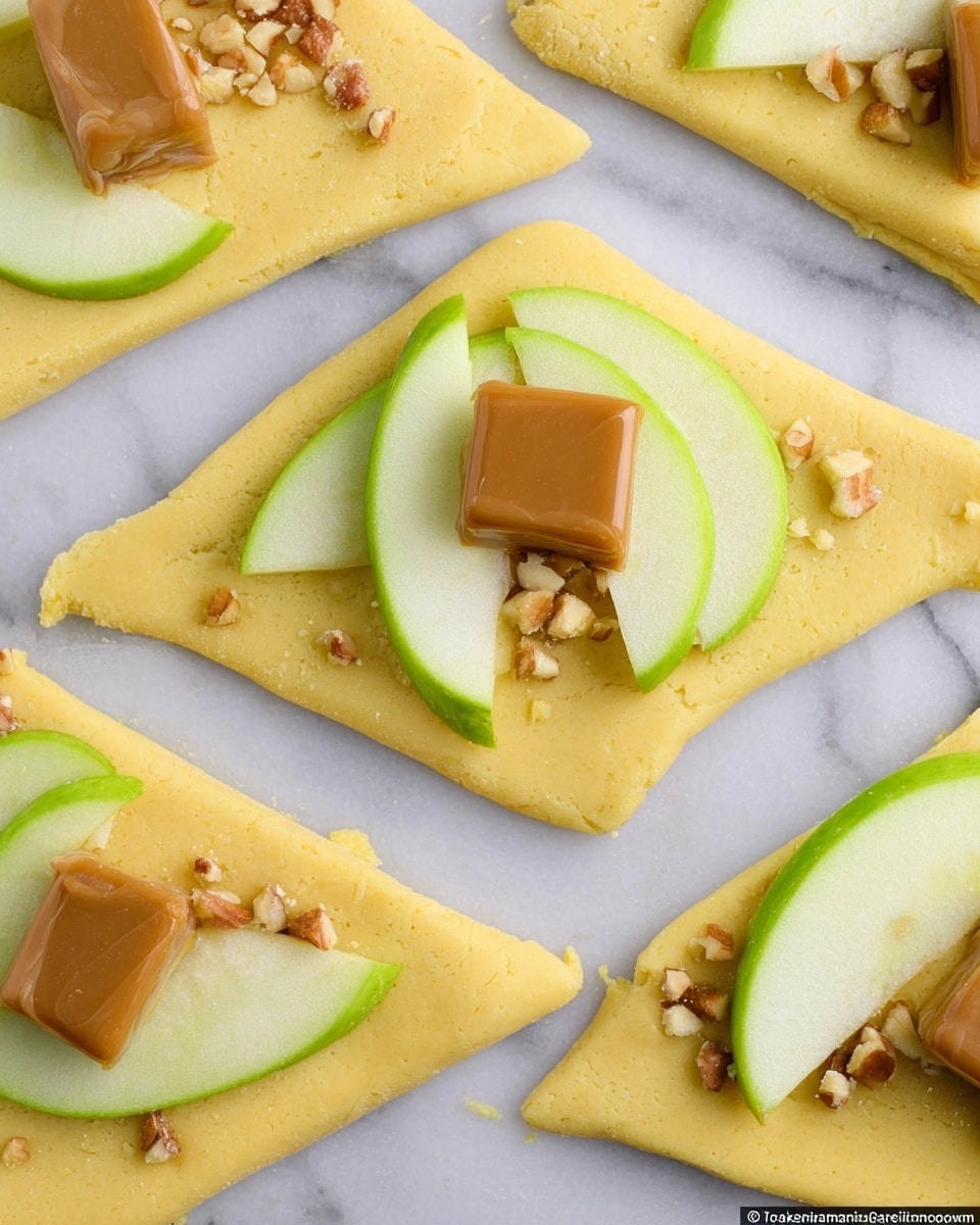 The image shows several pieces of yellow dough triangular in shape laid on a white marbled surface. Each triangle has a layer of a green apple slice placed near the wider edge, a square caramel candy in the center, and small pieces of chopped nuts sprinkled around the caramel. The dough texture looks soft and slightly fluffy. The arrangement is neat and ready to be baked photo taken with an iphone --ar 4:5 --v 7
