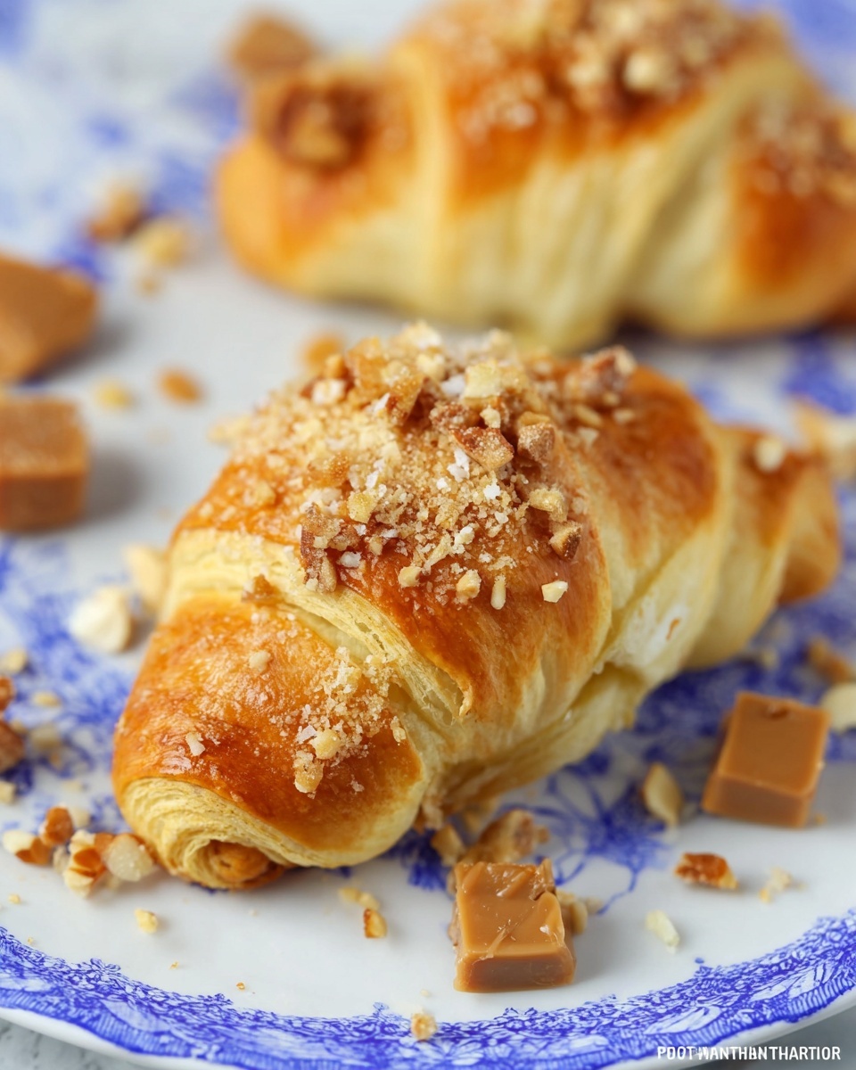 The image shows two crescent-shaped pastries on a white plate with a blue floral pattern, placed on a white marbled surface. Each pastry has a golden-brown, slightly rough texture with a light dusting of crumbled nuts and brown sugar on top. The pastries are rolled with visible layers and a soft, flaky appearance. Around the pastries, small pieces of chopped nuts and caramel squares are scattered, adding a mix of light and darker brown tones to the scene. The focus is on the front pastry, showing detailed texture and nut topping, while the second pastry is blurred in the background. Photo taken with an iphone --ar 4:5 --v 7