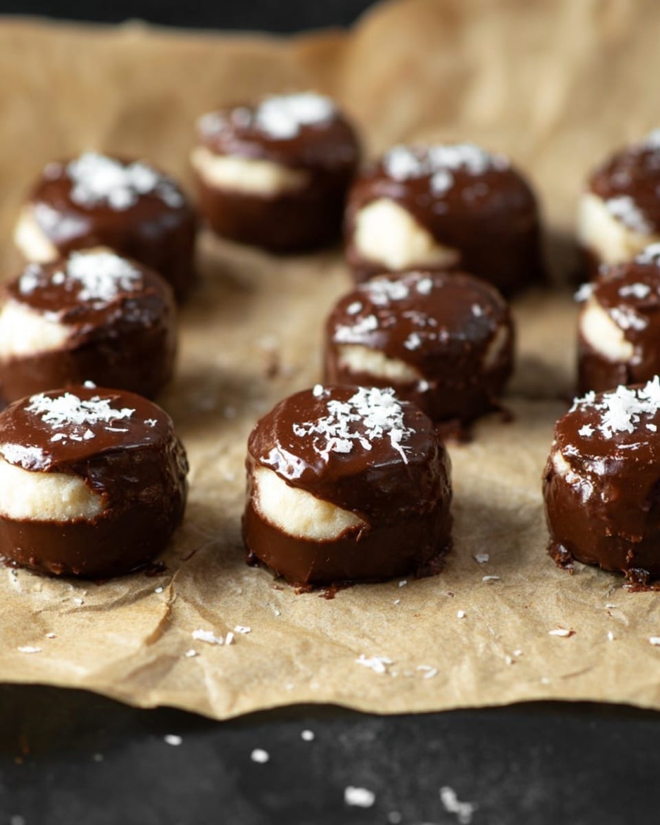 Small round treats are shown arranged in rows on wrinkled light brown baking paper. Each treat has a glossy dark brown chocolate coating covering the lower part, with a smooth and shiny texture. On top of this chocolate layer, there is a creamy white topping that looks soft and slightly fluffy. The background behind the paper is black, and some small white flakes are scattered around the treats. photo taken with an iphone --ar 4:5 --v 7