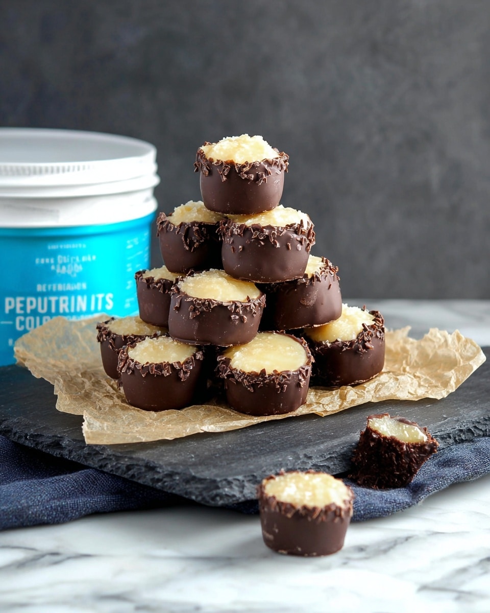 A pyramid of small round treats sits on a dark slate board covered with crinkled light brown paper. Each treat has two layers: the bottom layer is a rough dark brown chocolate coating, and the top layer is a creamy pale yellow filling that looks soft and smooth. One treat rests alone on a dark cloth below the board. The board is placed on a white container with bright blue labeling, and all is set against a white marbled surface. The overall scene has soft natural light highlighting the texture of the chocolate and creamy tops. Photo taken with an iphone --ar 4:5 --v 7