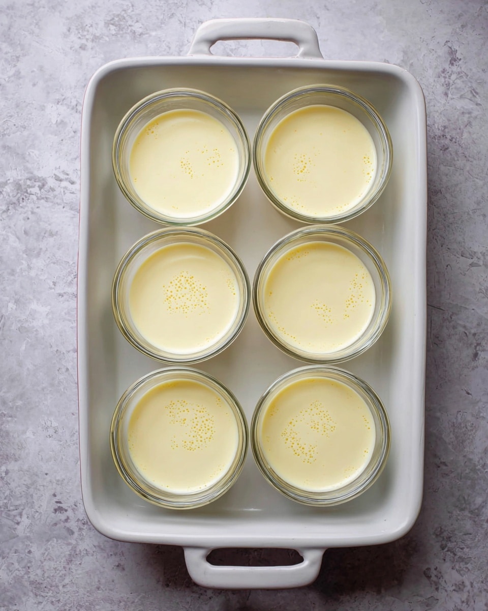 Six small clear glass cups filled with a smooth, pale yellow liquid are arranged in a circle inside a large white rectangular baking dish with handles on both sides. The dish sits on a white marbled surface. The liquid in each cup looks creamy with a few tiny bubbles on the surface. photo taken with an iphone --ar 4:5 --v 7
