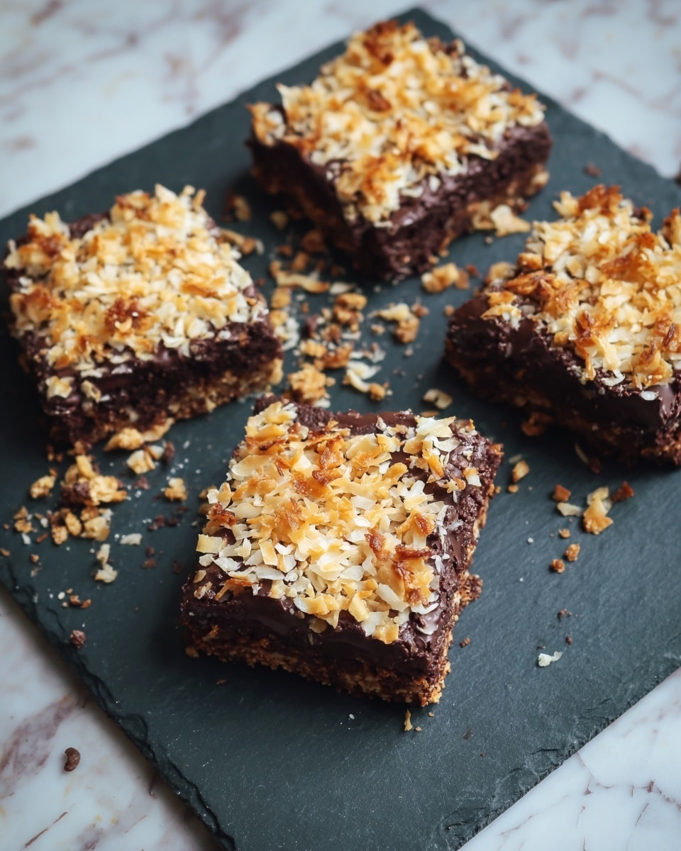The image shows five square chocolate brownies placed on a dark slate board. Each brownie has a thick, dark brown base layer with a slightly rough texture. On top of each brownie is a light layer of golden toasted coconut flakes, giving a crumbly texture and a mix of pale yellow and light brown colors. The brownies are spread out, showing some crumbs around them on the slate. The background beneath the slate has a white marbled texture. photo taken with an iphone --ar 4:5 --v 7