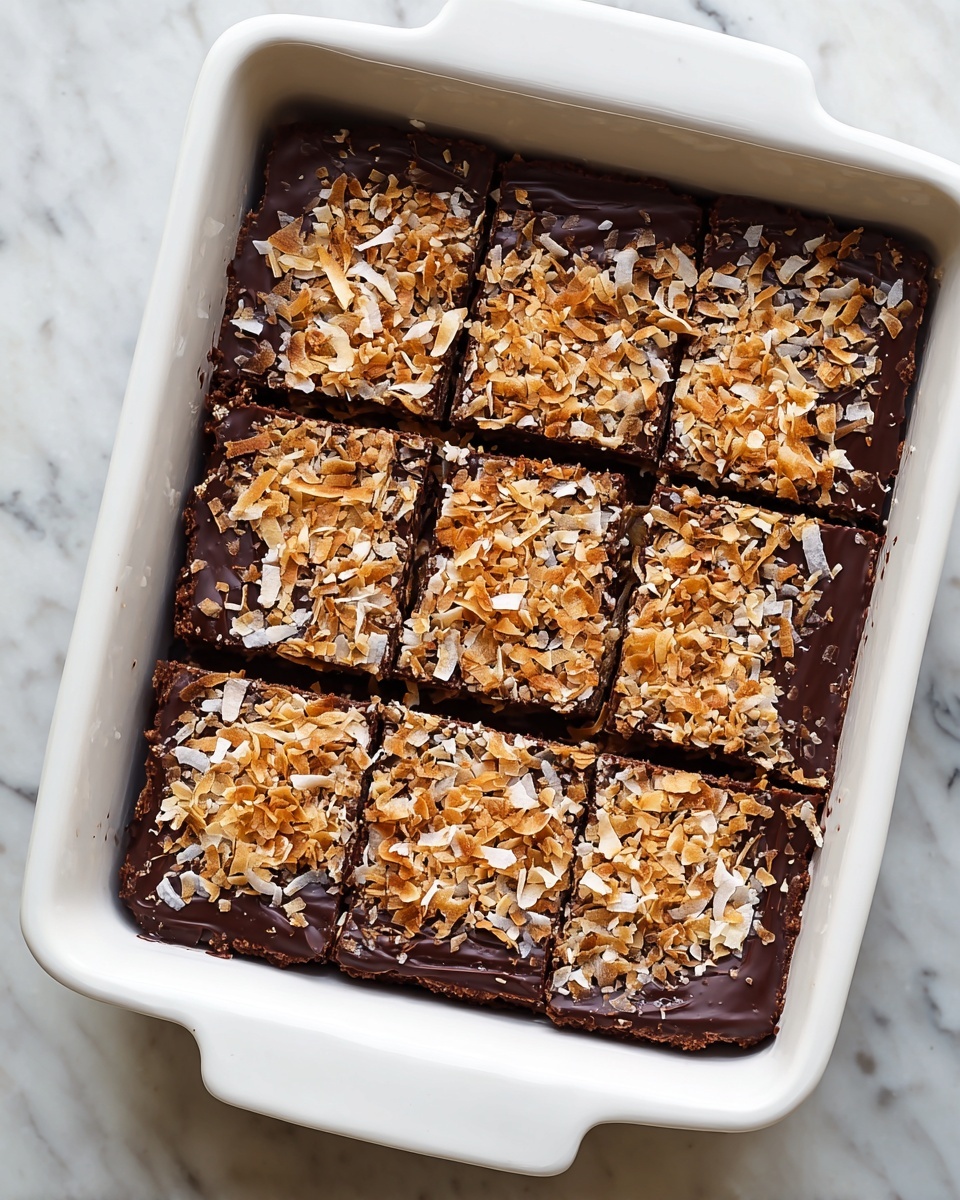 The image shows a white rectangular baking dish filled with six thick, rectangular bars of dark brown chocolate dessert arranged in two rows of three. Each bar is topped with a layer of golden brown toasted coconut flakes, adding a crunchy texture and light color contrast to the rich dark base. The dessert has a dense, smooth texture with visible lines separating each bar. The baking dish rests on a surface with a white marbled texture, enhancing the overall clean and simple presentation. photo taken with an iphone --ar 4:5 --v 7