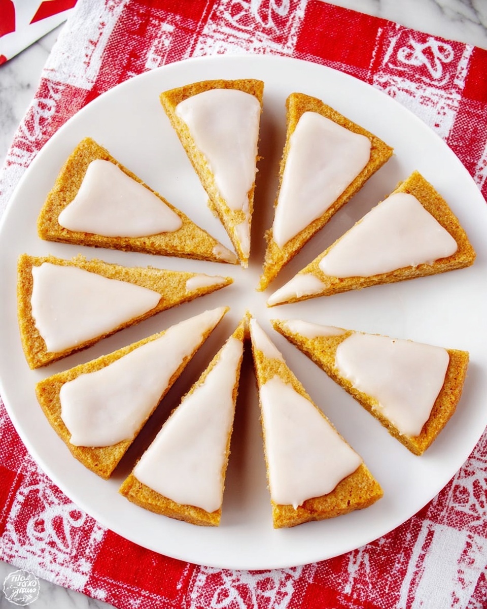 A round white plate shows eight long, thin, triangular slices of a light brown cake or cookie arranged in a circle with their pointed ends facing the middle. Each slice is topped with a smooth, pale beige icing spread unevenly across the middle. The plate sits on a white marbled surface partially covered by a red and white checkered cloth with a border pattern of red hearts and white lacy shapes. The overall look is simple, bright, and inviting, with warm colors and neat arrangement. photo taken with an iphone --ar 4:5 --v 7