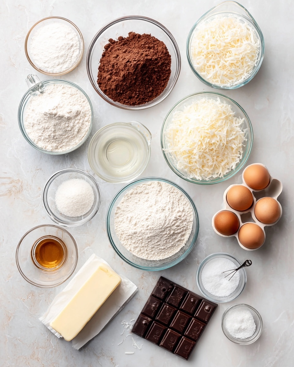 The image shows a flat lay of various baking ingredients placed on a white marbled surface. There are multiple clear glass bowls containing white flour, powdered sugar, cocoa powder, sugar, sour cream, and toasted coconut flakes. A stick of butter wrapped in paper, a small glass measuring cup with clear liquid, and a bar of dark chocolate rest near the bowls. Four brown eggs sit in a white egg holder. Small glass dishes hold white powders such as baking soda and salt, and there is a small amount of vanilla extract in a tiny glass bowl. All items are arranged neatly with clear separation creating a clean and organized view of the ingredients. Photo taken with an iphone --ar 4:5 --v 7
