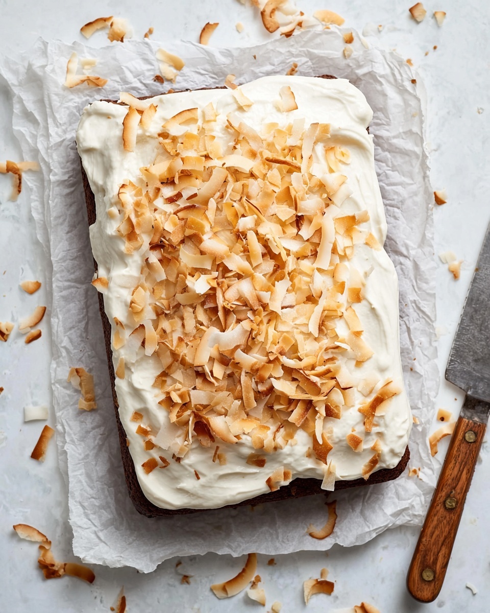 A rectangular dark brown cake is topped with a thick, smooth layer of white cream that spreads unevenly to the edges. On top of the cream, there is a generous scatter of light brown, toasted coconut flakes with varied sizes and slightly curled edges, adding texture and color contrast. The cake rests on crumpled white parchment paper, all placed on a white marbled surface with some toasted coconut flakes around. A knife with a wooden handle lies to the right of the cake. Photo taken with an iphone --ar 4:5 --v 7