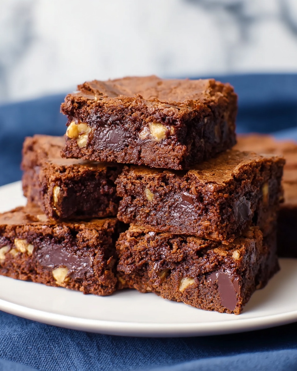 A close-up of six square chocolate brownies stacked on a white plate, arranged in two layers with three brownies in the bottom layer and three more on top, showing a soft, moist texture with bits of walnuts and melted dark chocolate chips inside. The brownies have a rich brown color with a slightly cracked surface, some shiny spots from melted chocolate, and a dense, chewy appearance. The white plate rests on a dark blue cloth with a white marbled background. photo taken with an iphone --ar 4:5 --v 7