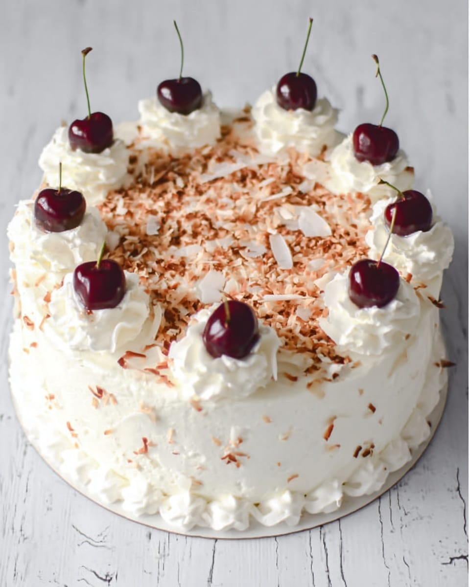 This is a round cake with one visible layer, covered in smooth white cream on the top and sides. Around the edge of the cake, there are evenly spaced swirls of white cream, each topped with a whole dark red cherry with a stem. The center of the cake top is sprinkled with toasted brown coconut flakes, adding texture and color contrast. The cake sits on a white base, and the surface under the cake has a white marbled texture. photo taken with an iphone --ar 4:5 --v 7