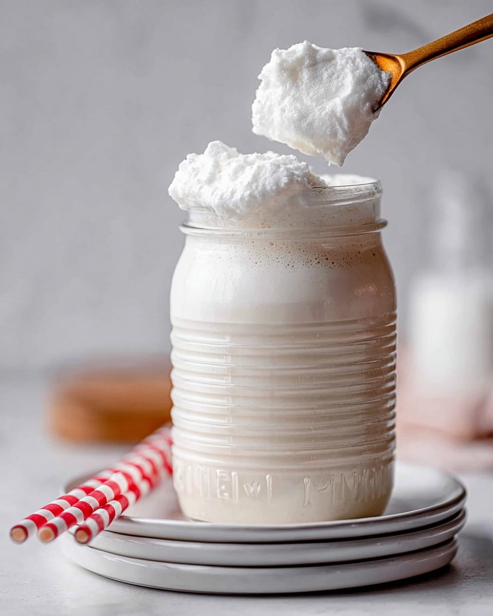 A clear, ribbed glass jar is filled with a thick, creamy off-white drink topped with a fluffy, white foam layer that spills slightly over the jar's edge. A wooden spoon scoops some of the foam from the top, showing its airy texture. The jar sits on a stack of two white plates on a white marbled surface, with a red and white striped paper straw resting next to it. The background is soft and blurred, keeping focus on the jar and foam. photo taken with an iphone --ar 4:5 --v 7