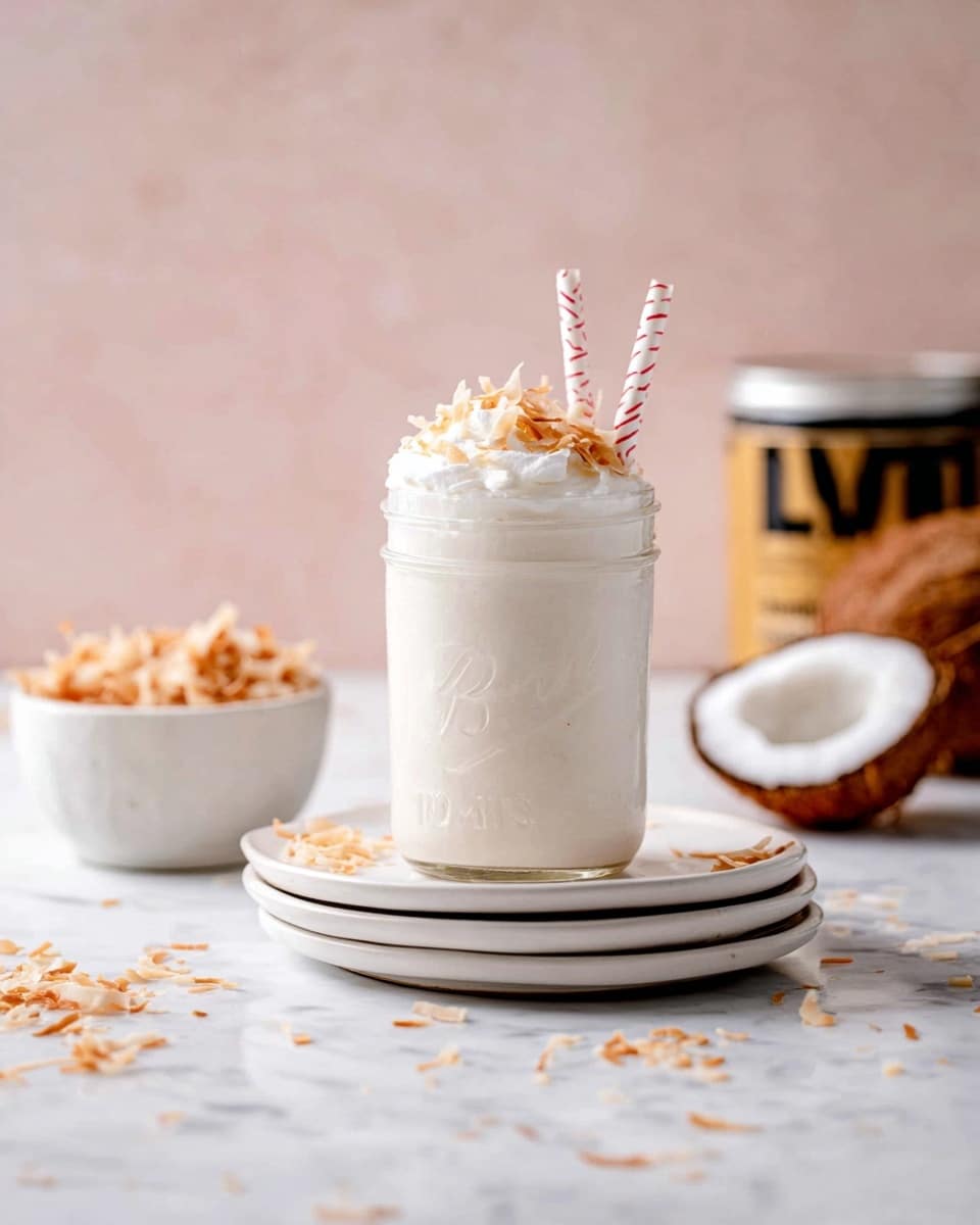 A clear glass jar filled with a thick white smoothie sits in the center on a stack of two white plates, topped with whipped cream and toasted coconut flakes in light golden brown color. Two white straws with red stripes stand tall inside the jar. To the left, a white bowl contains extra toasted coconut flakes, some scattered around the plates. The background shows a blurry container with warm yellow and black colors and a cracked open coconut on the right edge. The surface is a white marbled texture with a soft pink wall behind. Photo taken with an iphone --ar 4:5 --v 7