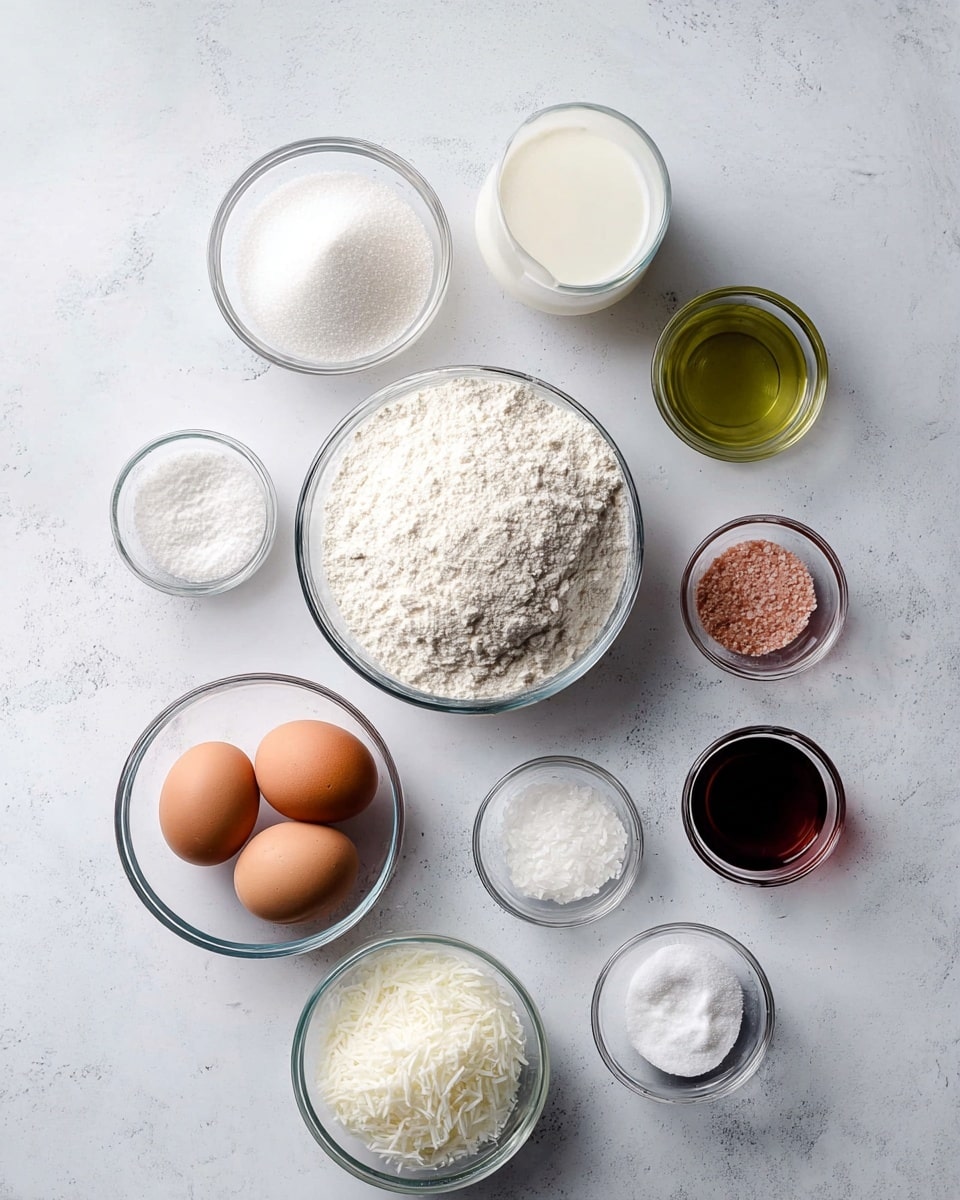 The image shows an overhead view of various baking ingredients arranged neatly on a white marbled surface. There are eleven clear glass bowls holding different ingredients. At the bottom left, a bowl contains two brown eggs, while the center holds a large bowl full of white flour with a powdery texture. Above and slightly to the left is a bowl filled with granulated white sugar, and to the right of the flour bowl is a small bowl of a greenish liquid, likely oil. Above that is a glass filled halfway with a white liquid, possibly milk. At the top center, there is a bowl of shredded white coconut, and small bowls scattered around hold fine white powders, salt with a pinkish hue, and a dark brown liquid, possibly vanilla extract. The arrangement is clean and orderly, with a soft natural light highlighting the textures of each ingredient, photo taken with an iphone --ar 4:5 --v 7