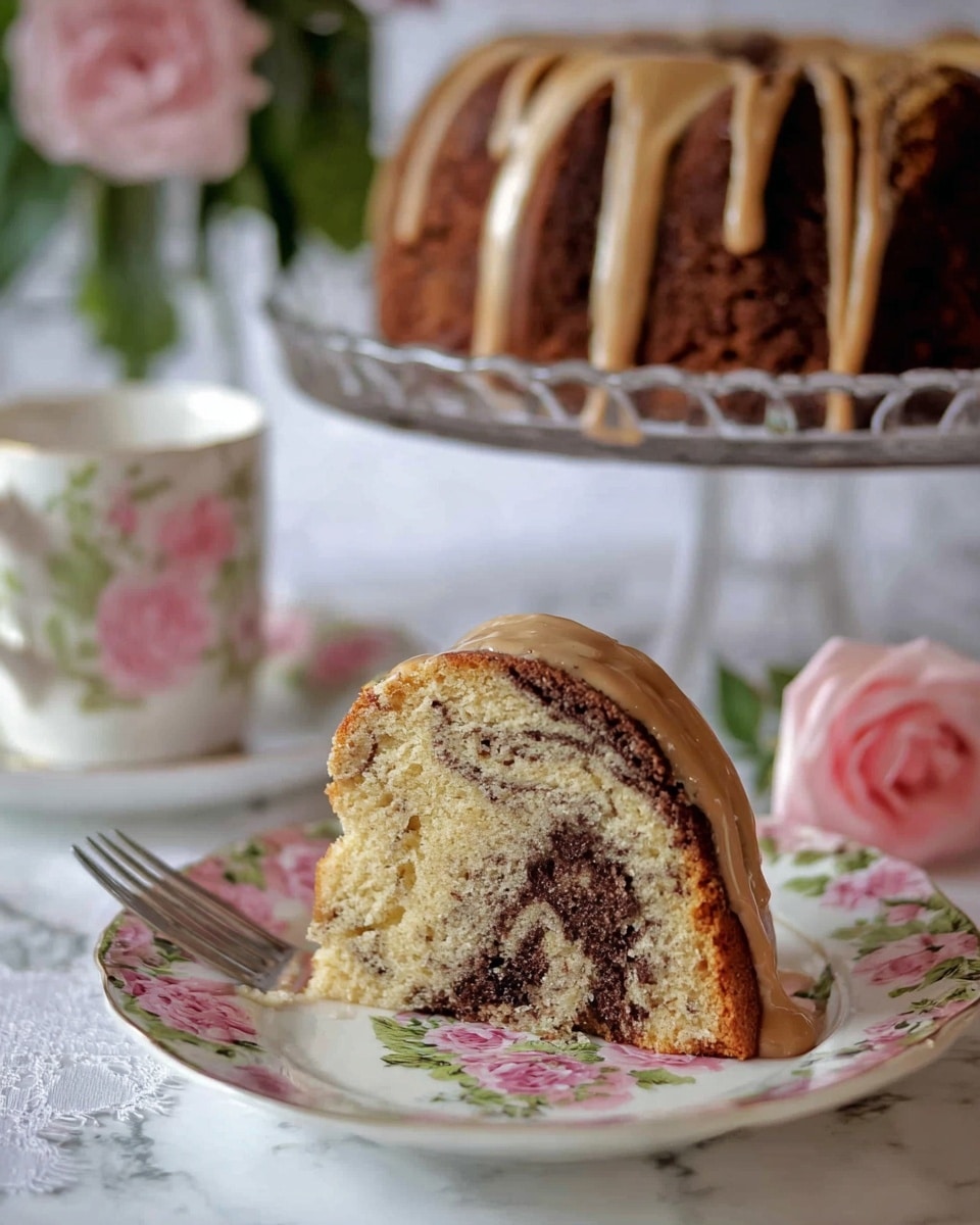 A slice of marble cake with two visible layers, a light beige layer with specks of brown and a rich dark brown swirl running through the middle, topped with a smooth light brown glaze that is gently dripping down the sides. The slice is placed on a white floral plate with pink flowers and green leaves, sitting on a white marbled surface. Near the plate is a silver fork and a light pink rose, with a white cup decorated with pink flowers and green leaves in the background. On a clear glass cake stand behind the slice, the rest of the cake is visible with the same light brown glaze drizzled across the top. Photo taken with an iphone --ar 4:5 --v 7