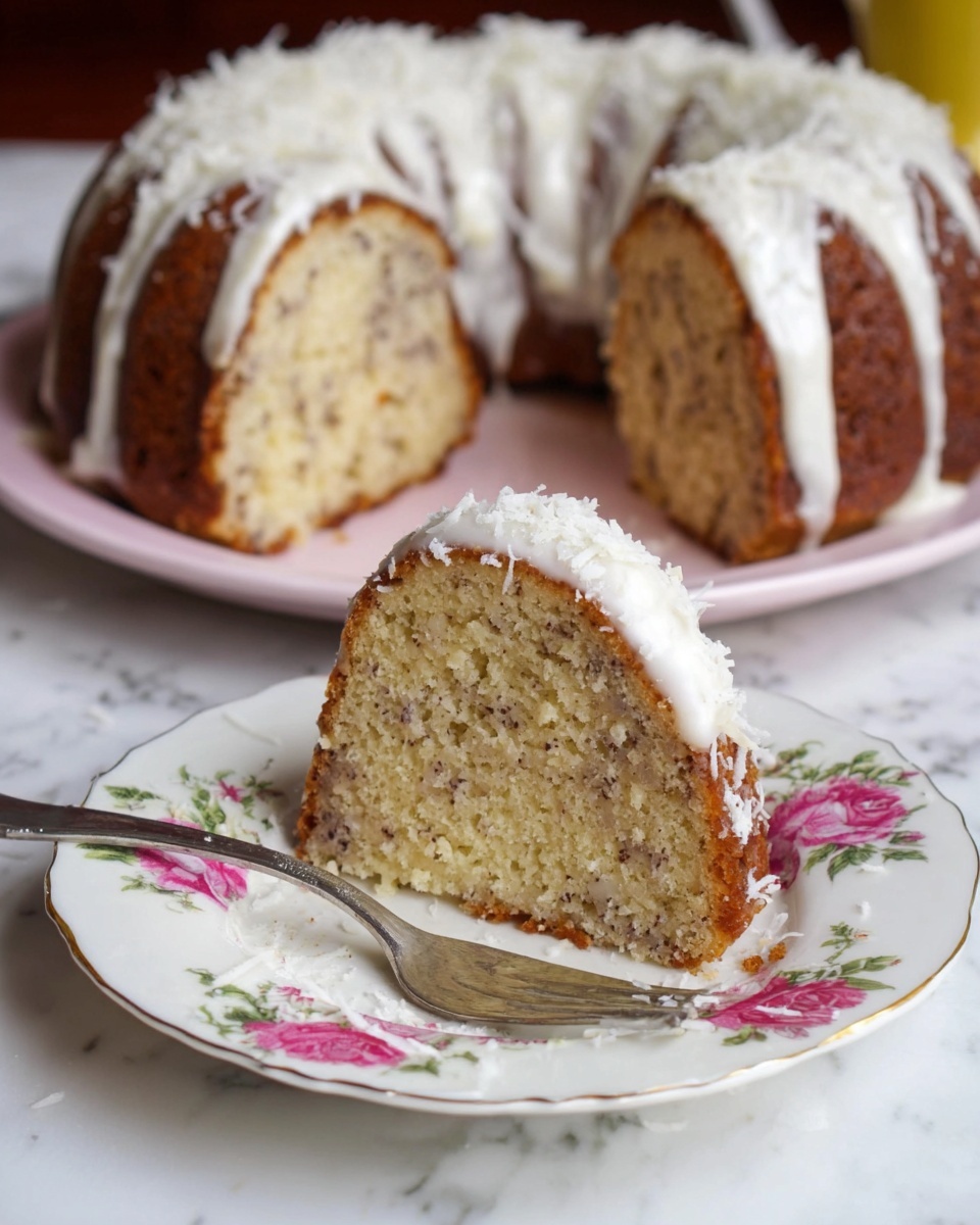 A light brown bundt cake with small dark spots inside, showing a soft and moist texture. It has a thick white icing layer on the top and sides, dripping slightly down the edges. One slice is placed on a white plate with pink and green floral patterns, with some grated white flakes on top of the icing. A silver fork rests beside the slice on the plate. The cake and plate are on a white marbled surface, with the rest of the bundt cake in the background, partially cut. photo taken with an iphone --ar 4:5 --v 7