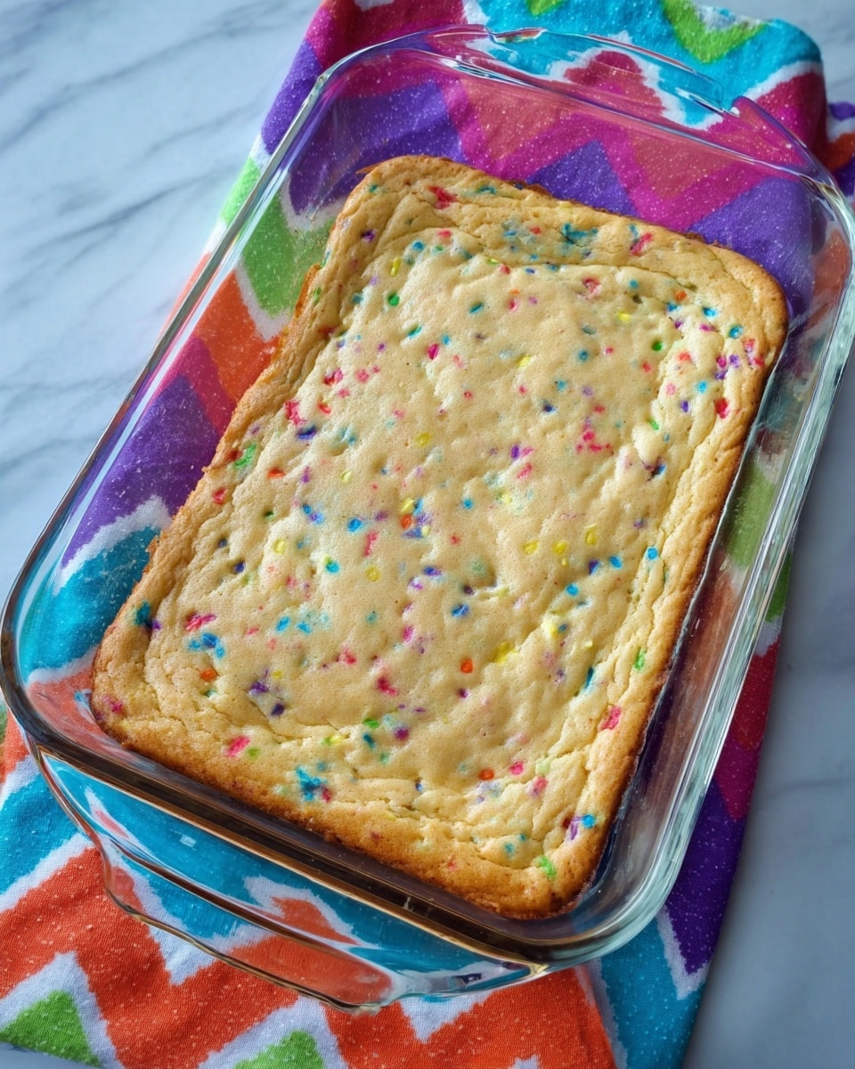 A rectangular baked snack with a golden-brown top layer speckled with small colorful bits of blue, pink, red, and green is shown inside a clear glass baking dish with slightly browned edges. The baking dish is placed on a white marbled surface covered partly by a colorful zigzag cloth with stripes of green, orange, red, purple, and blue. The baked item’s texture looks soft and slightly uneven with some wrinkles and smooth edges. Photo taken with an iphone --ar 4:5 --v 7