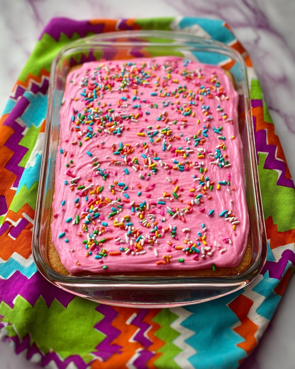 A rectangular glass baking dish filled with two main layers is shown: the bottom layer is a light brown cake, and the top layer is a thick, smooth, bright pink frosting spread evenly across the cake. The frosting is decorated with colorful rainbow sprinkles scattered all over. The glass dish sits on a white marbled surface with a vibrant zigzag patterned cloth in shades of green, orange, purple, and blue beneath it. Photo taken with an iphone --ar 4:5 --v 7