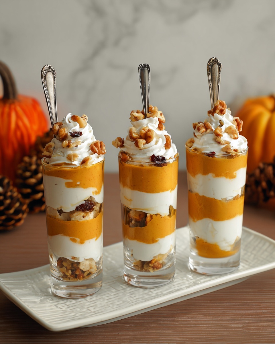 Three clear tall glasses sit side by side on a white rectangular tray with a delicate pattern on the edges. Each glass holds four layers, starting with a bottom layer of creamy orange pumpkin-colored puree, followed by a thick white fluffy cream layer, then another layer of the pumpkin puree, and topped again with white cream swirled on top. The top cream layer is sprinkled with small chunks of walnut and dried cranberries. Each glass has a silver spoon standing inside it. The background is a white marbled texture with an orange plate holding decorative pine cones and a small pumpkin in soft focus. Photo taken with an iphone --ar 4:5 --v 7