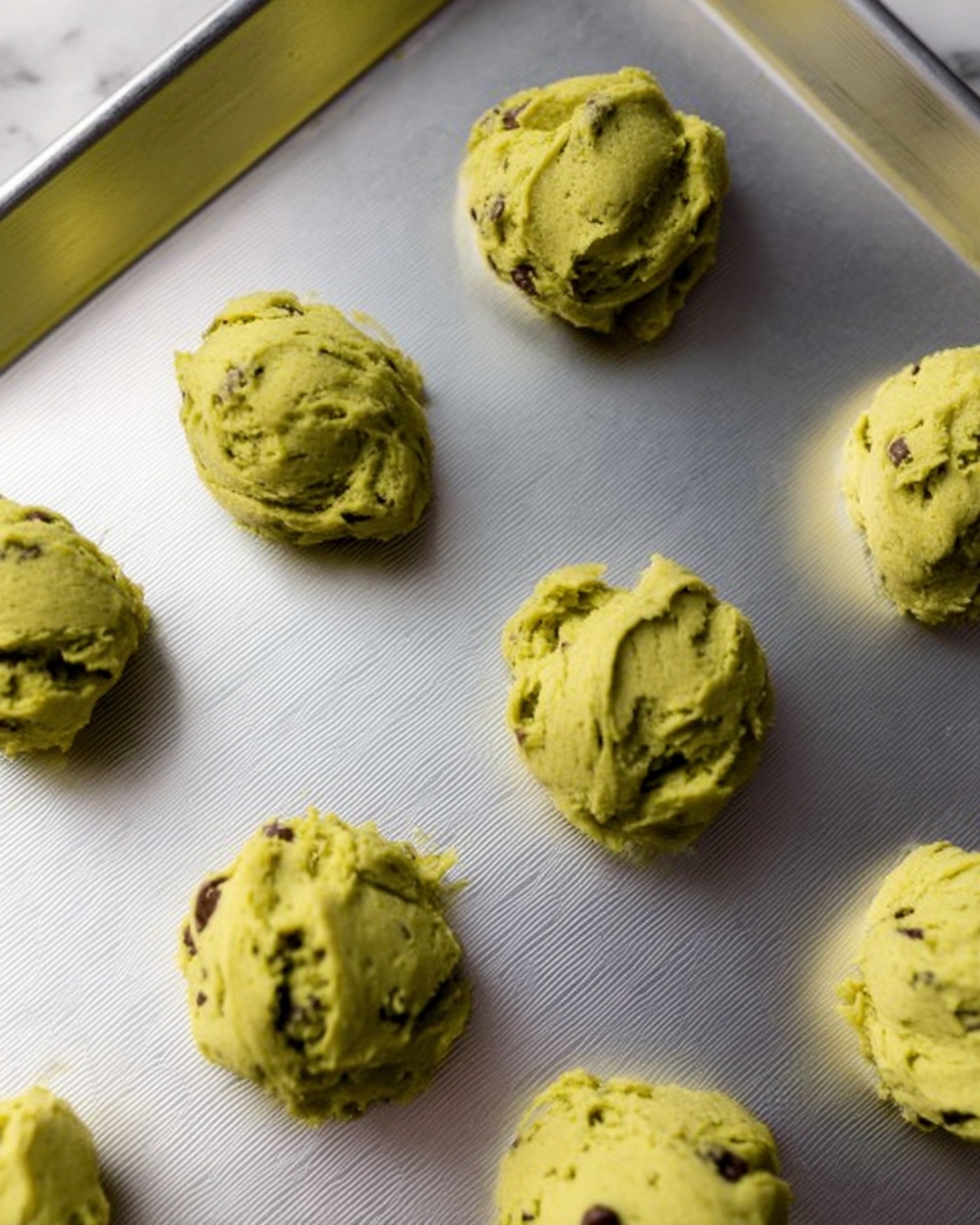 The image shows several dollops of greenish dough with dark spots spaced evenly on a silver baking sheet. Each dollop has a rough, textured surface with swirls and small peaks, looking like they are ready to be baked. The dough pieces are arranged in neat rows with enough space between them, and the overall scene sits on a white marbled surface. photo taken with an iphone --ar 4:5 --v 7