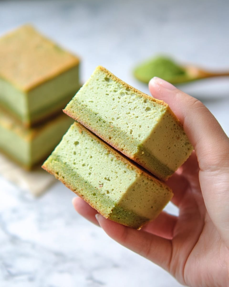 A woman's hand holds two pieces of a greenish square cake, showing the soft, smooth texture inside and a light brown crust on the outside; each piece has one visible layer of green with a slightly porous surface. In the background, a few more green square cakes are stacked on a white marbled surface, creating a simple and clean look. Photo taken with an iphone --ar 4:5 --v 7