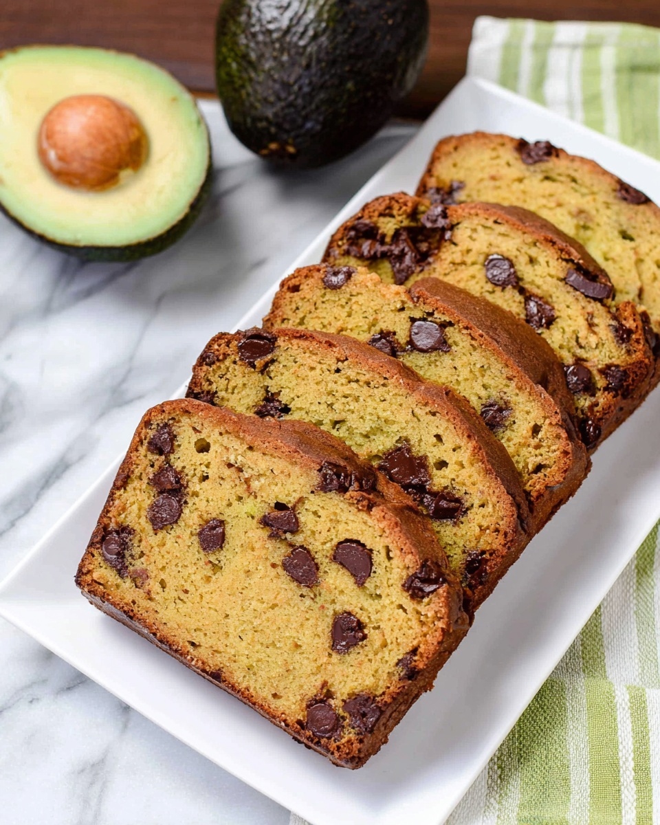 A white rectangular plate holds four slices of golden-brown bread with a soft texture, each slice filled with scattered dark brown chocolate chips throughout. The bread's crust is slightly darker and smooth, wrapping around the edges. In the background, a whole avocado with dark green, bumpy skin and an open avocado half showing light green flesh with a large brown seed sit on a white marbled surface. A green and white striped cloth is partially visible on the right side. photo taken with an iphone --ar 4:5 --v 7
