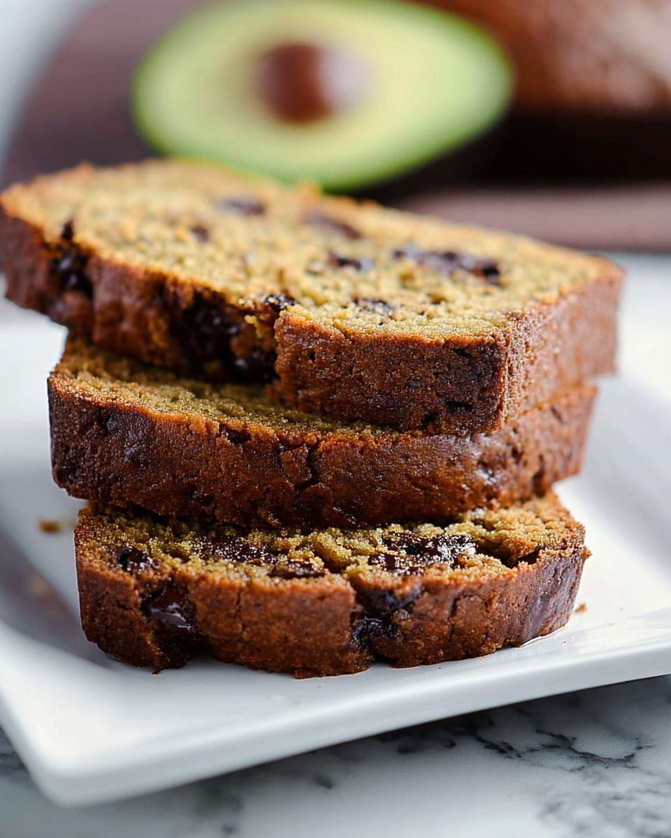 A close-up of three slices of brown bread with dark chocolate chips scattered inside. The bread has a soft and moist texture, with a shiny, slightly crispy crust around the edges. The slices are placed stacked slightly leaning on each other on a white square plate. In the blurred background, a halved avocado is visible. The surface beneath the plate is a white marbled texture. Photo taken with an iphone --ar 4:5 --v 7