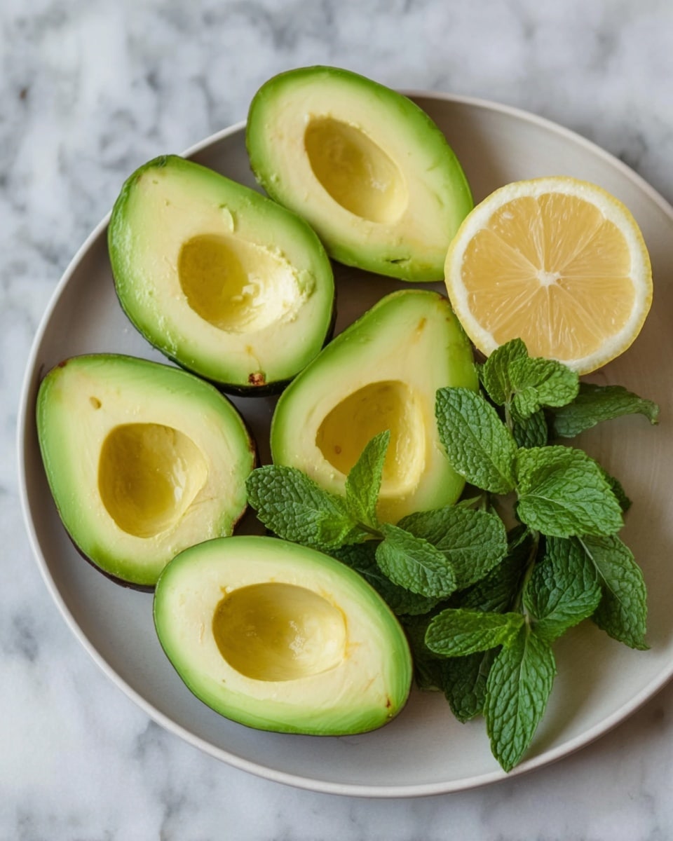 A white plate holds eight avocado halves arranged in a loose circle, each showing smooth pale green flesh with darker green edges and brown seeds removed, some with small brown spots. On the top right of the plate is a half lemon with a bright yellow rind and pale yellow juicy segments visible. Next to the lemon is a small bunch of fresh green mint leaves with detailed veins. The plate sits on a white marbled surface. Photo taken with an iphone --ar 4:5 --v 7
