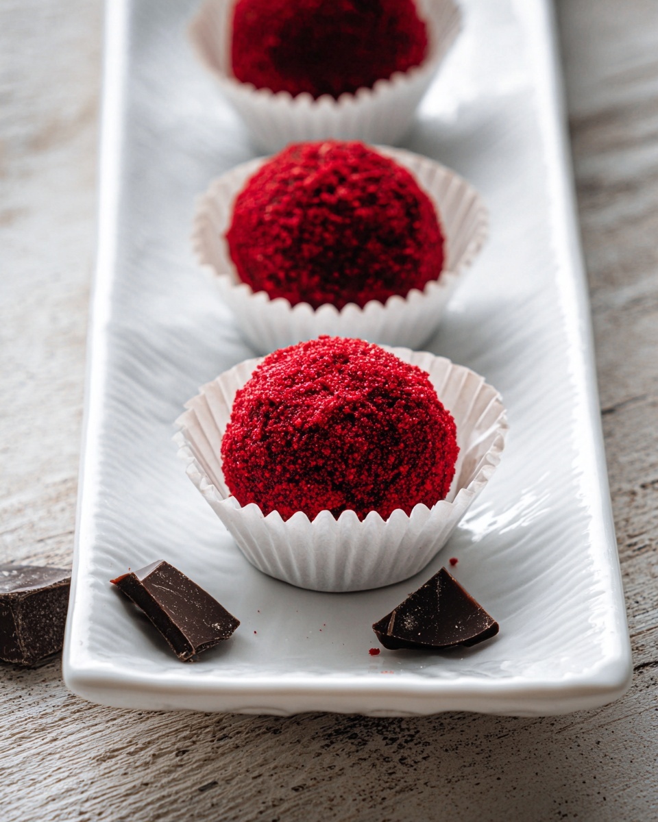 Three round red truffle balls coated in a fine crumb layer are placed in a row inside white paper cups. These cups rest on a long white rectangular plate with visible raised edges. The plate is set on a white marbled textured surface with scattered small pieces of dark chocolate near the plate's corner. The lighting highlights the rough texture of the truffles, emphasizing their rich red color. Photo taken with an iphone --ar 4:5 --v 7