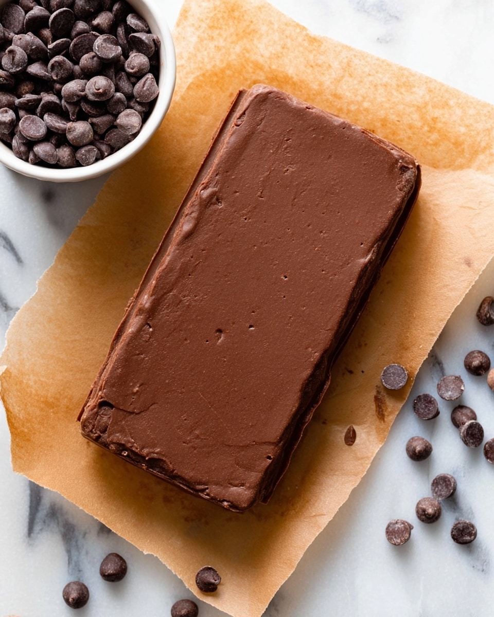 A rectangular chocolate bar with a smooth and slightly textured surface lies on brown parchment paper, showing soft edges and a rich brown color. Around the bar, there are scattered dark chocolate chips, and a white bowl filled with dark chocolate chips is placed on the left side of the image. The background features a white marbled texture that brightens the composition. photo taken with an iphone --ar 4:5 --v 7