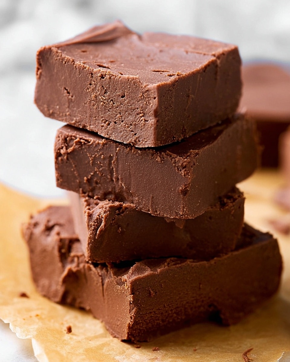 A close-up view of four thick, square layers of rich chocolate fudge stacked unevenly on each other. Each layer has a smooth but slightly crumbly texture with small cracks and rough edges, showing a dense and creamy inside. The fudge is a deep brown color, with slight variations in shade giving it a natural, homemade look. The base is on brown parchment paper, and the background is softly blurred with a white marbled texture. The focus is on the fudge stack, highlighting the smooth top and rougher sides of each square. photo taken with an iphone --ar 4:5 --v 7